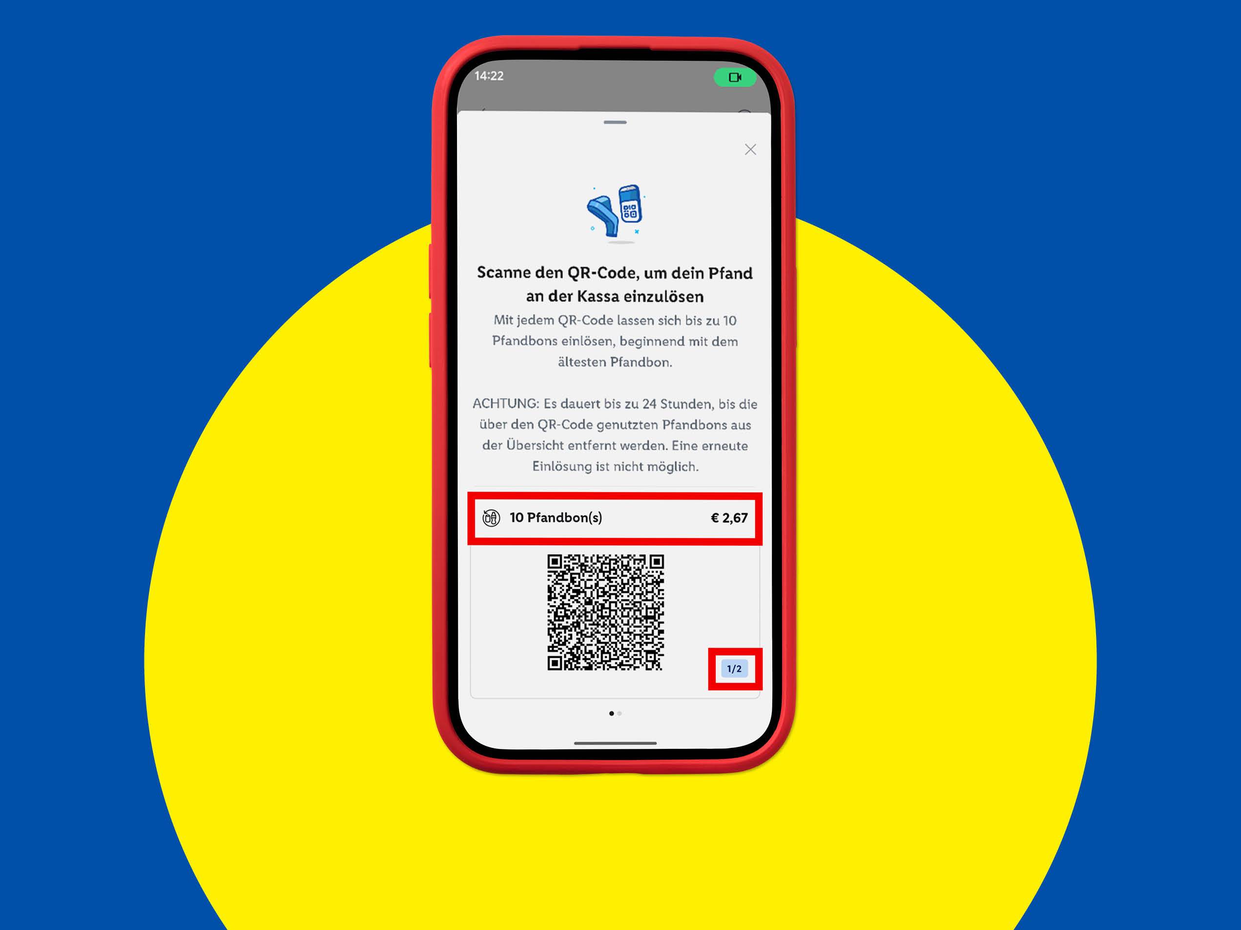 Ein Smartphone zeigt eine App zum Einlösen von Pfandbons mit einem QR-Code und dem Betrag von 2,67 €.