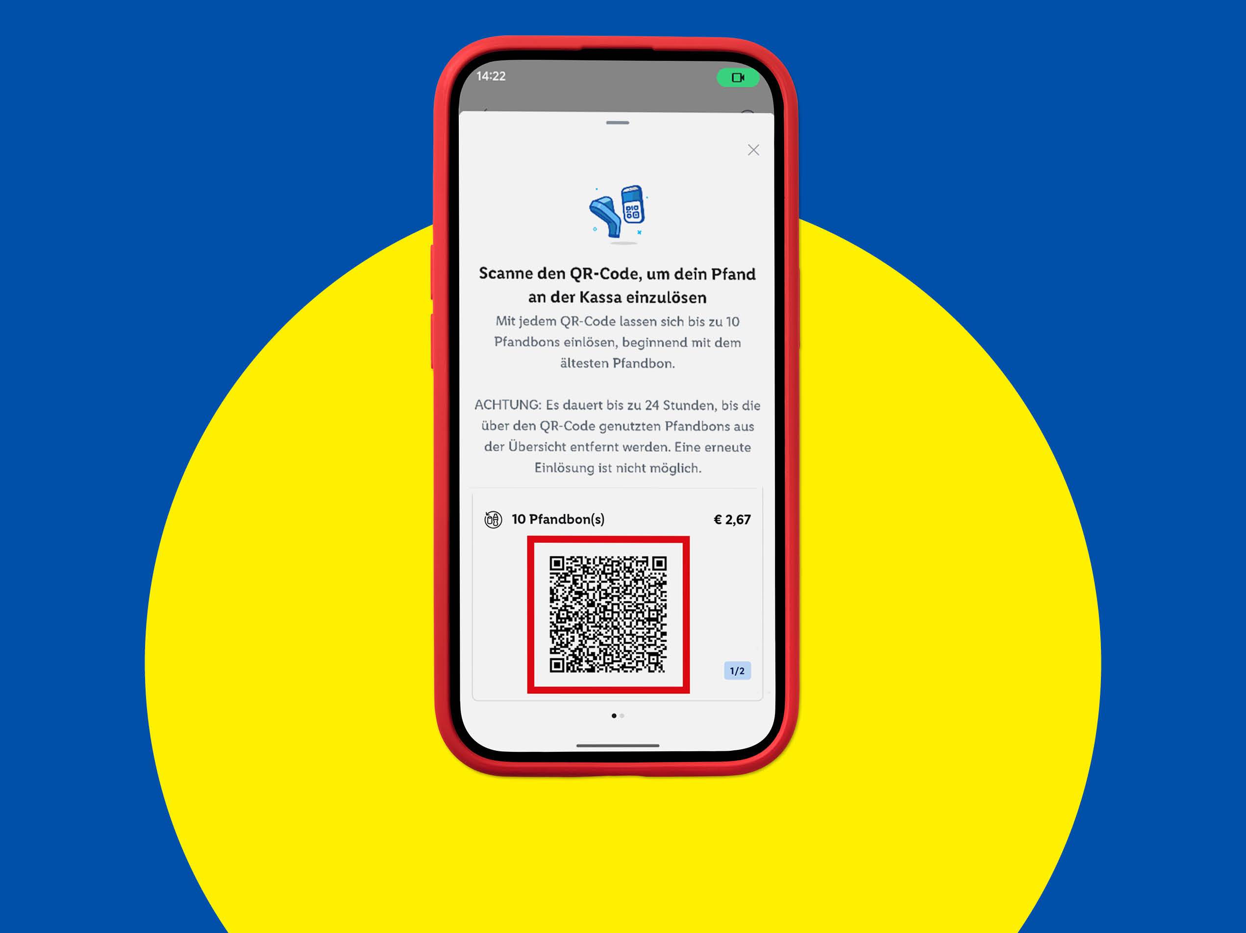 Ein Smartphone zeigt einen QR-Code zum Einlösen von Pfandbons auf einem blau-gelben Hintergrund.