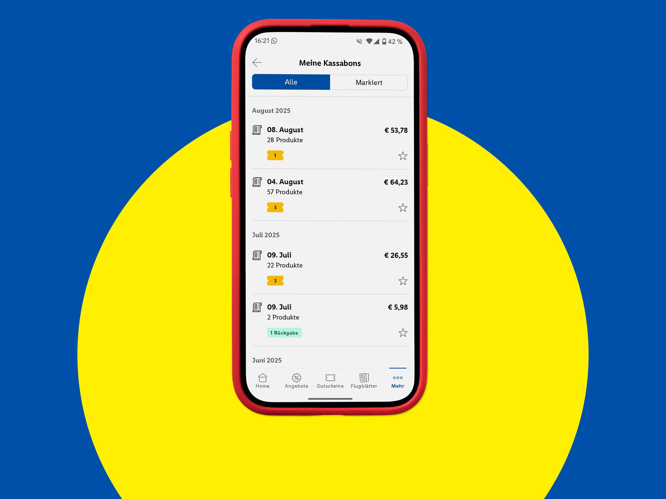Ein Smartphone zeigt eine App mit einer Liste von Kassenzetteln und Preisen.
