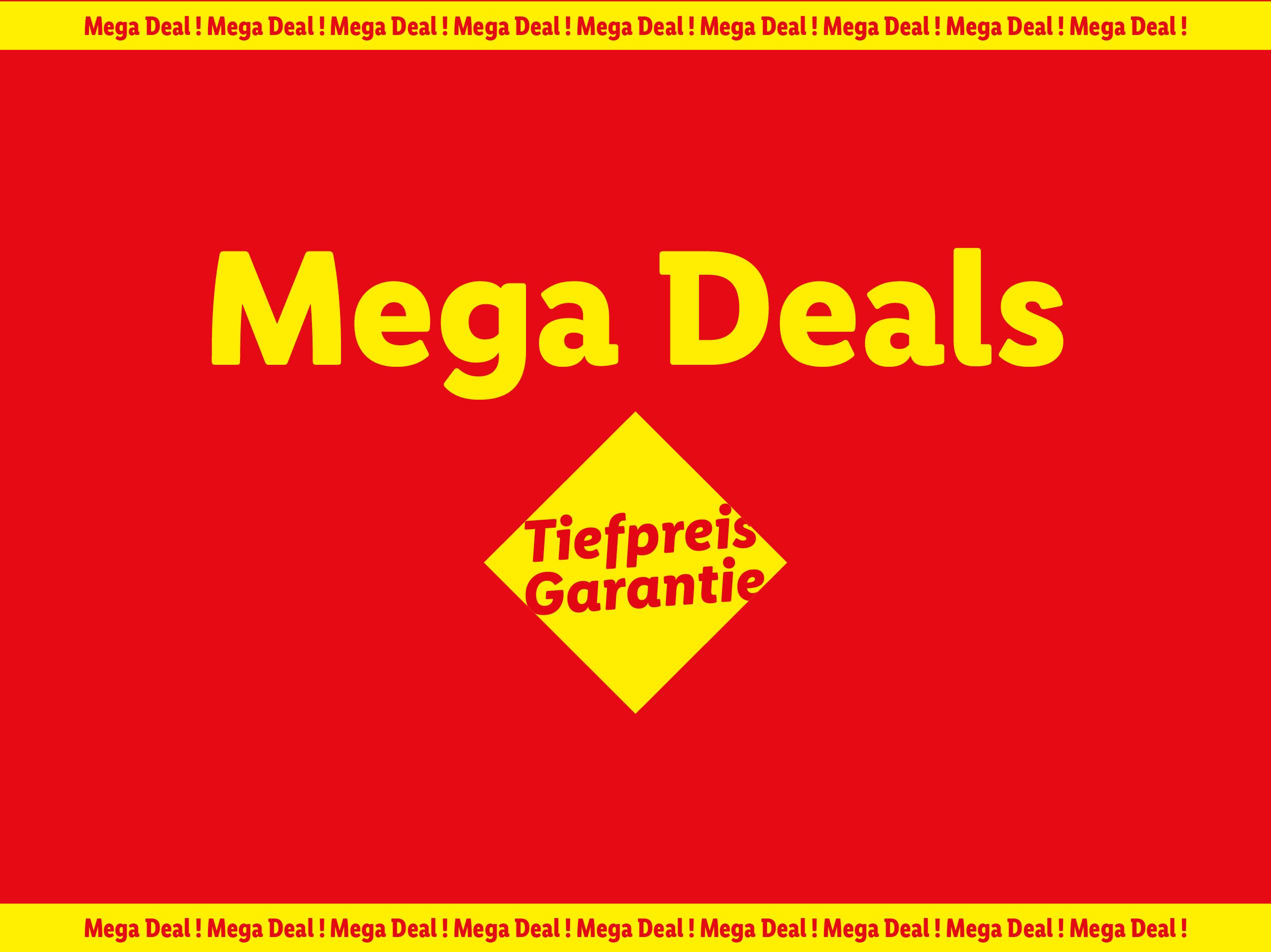 Roter Hintergrund mit gelbem Text 'Mega Deals' und 'Tiefpreis Garantie' in einem gelben Diamanten.