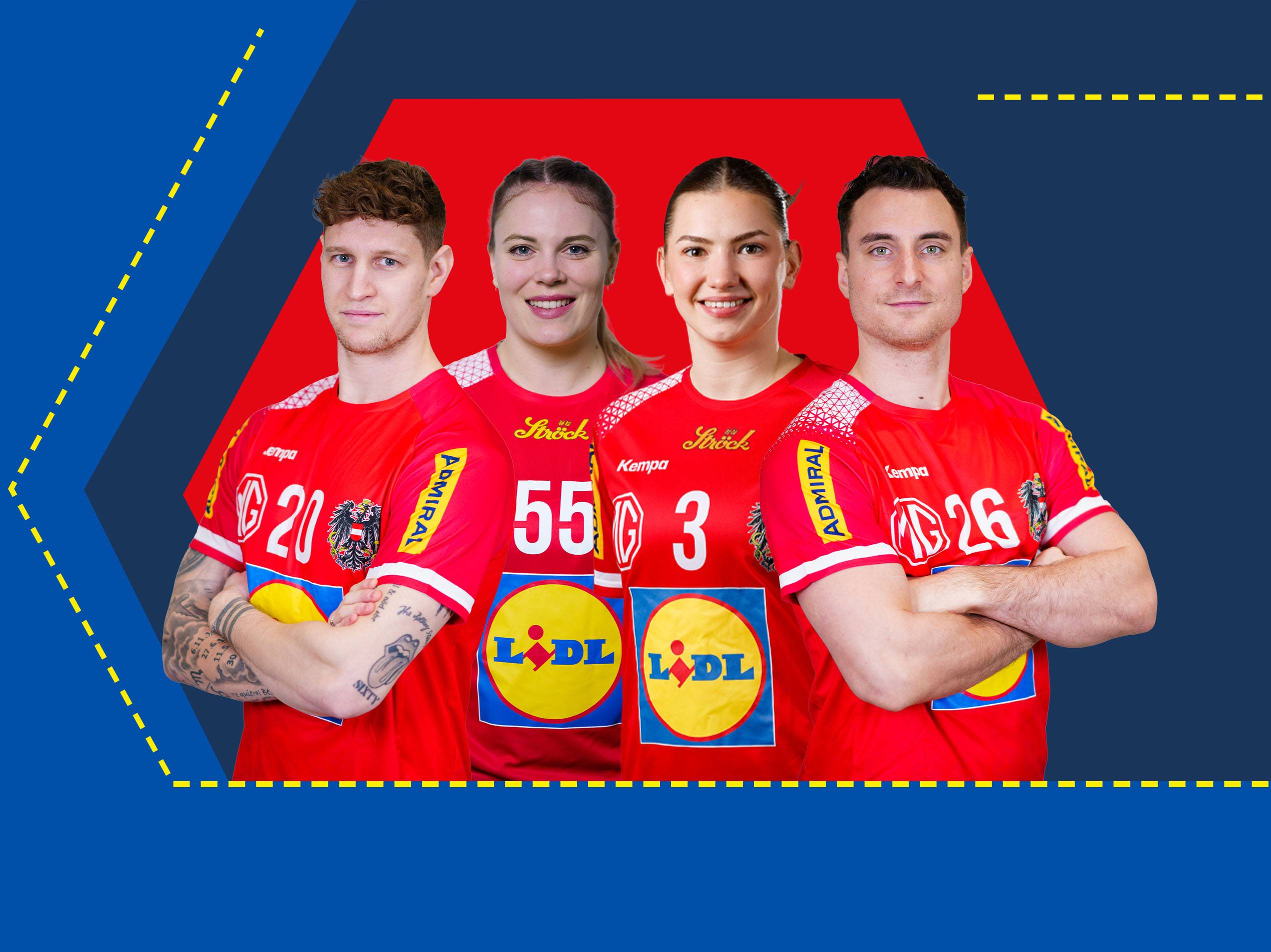 Vier Handballspieler*innen in roten Trikots mit Lidl-Logo und Sponsorenlogos posieren.