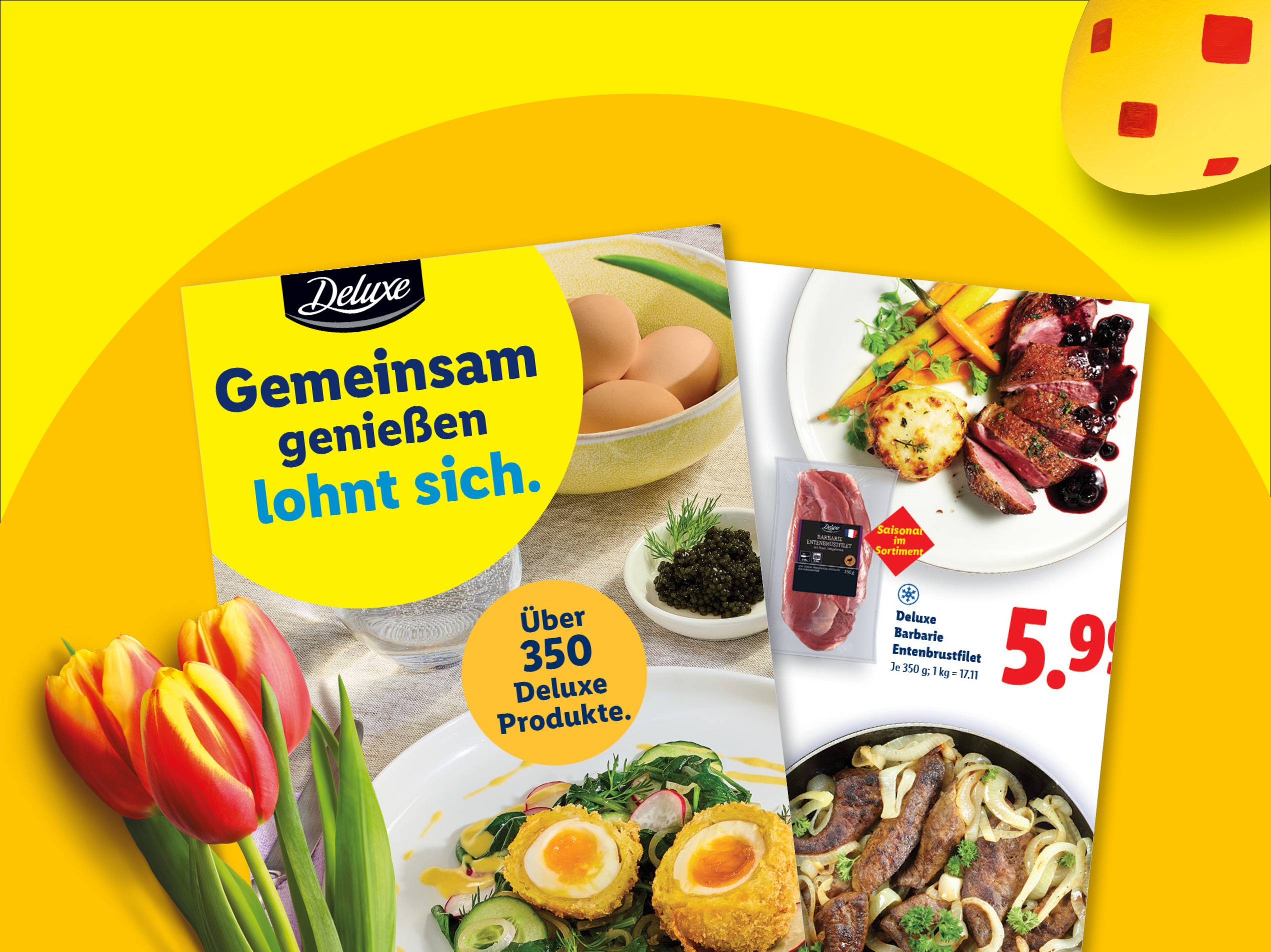 Werbebild für Premium-Produkte mit Ente, Eiern, Kaviar und Tulpen, beworben als 'Gemeinsam genießen lohnt sich'.