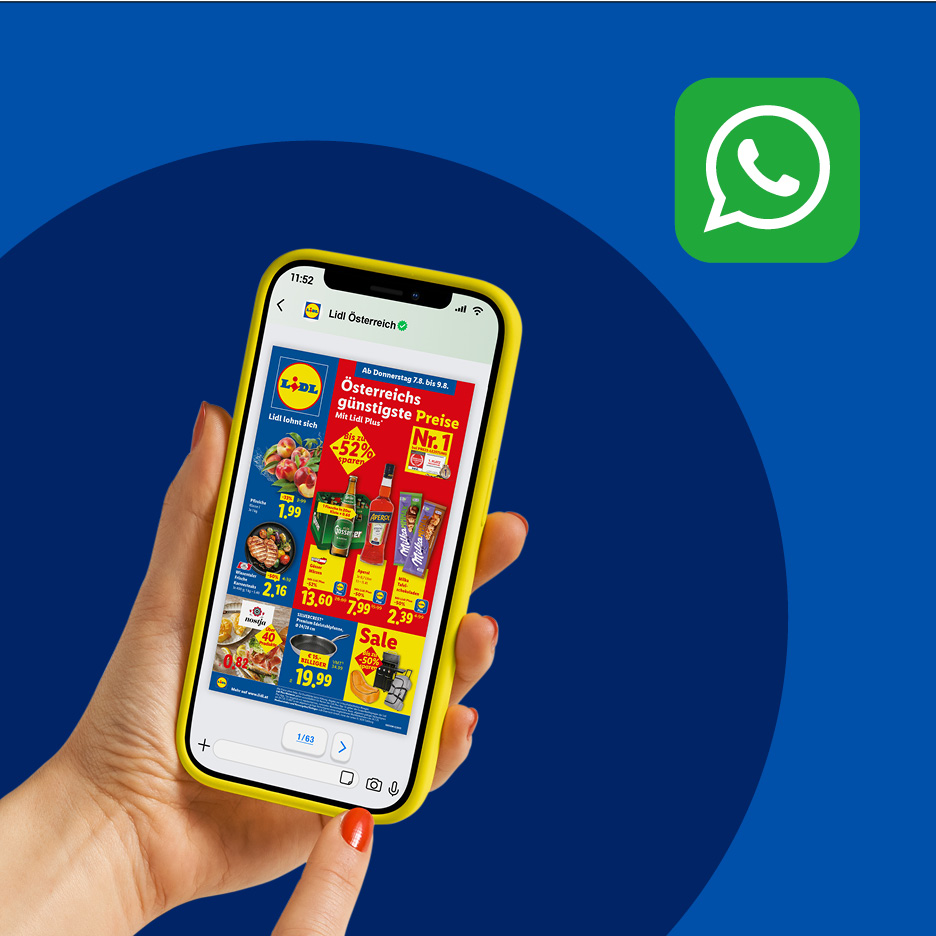 Hand hält Smartphone mit Lidl-Werbung für Lebensmittel und Haushaltswaren, daneben WhatsApp-Logo.