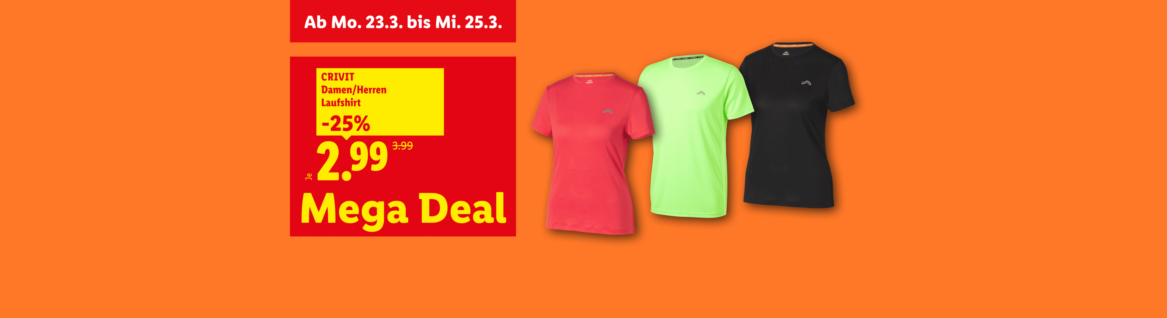 Drei Laufshirts in Rot, Neongrün und Schwarz, mit einem Angebot von 2,99 € statt 3,99 €.