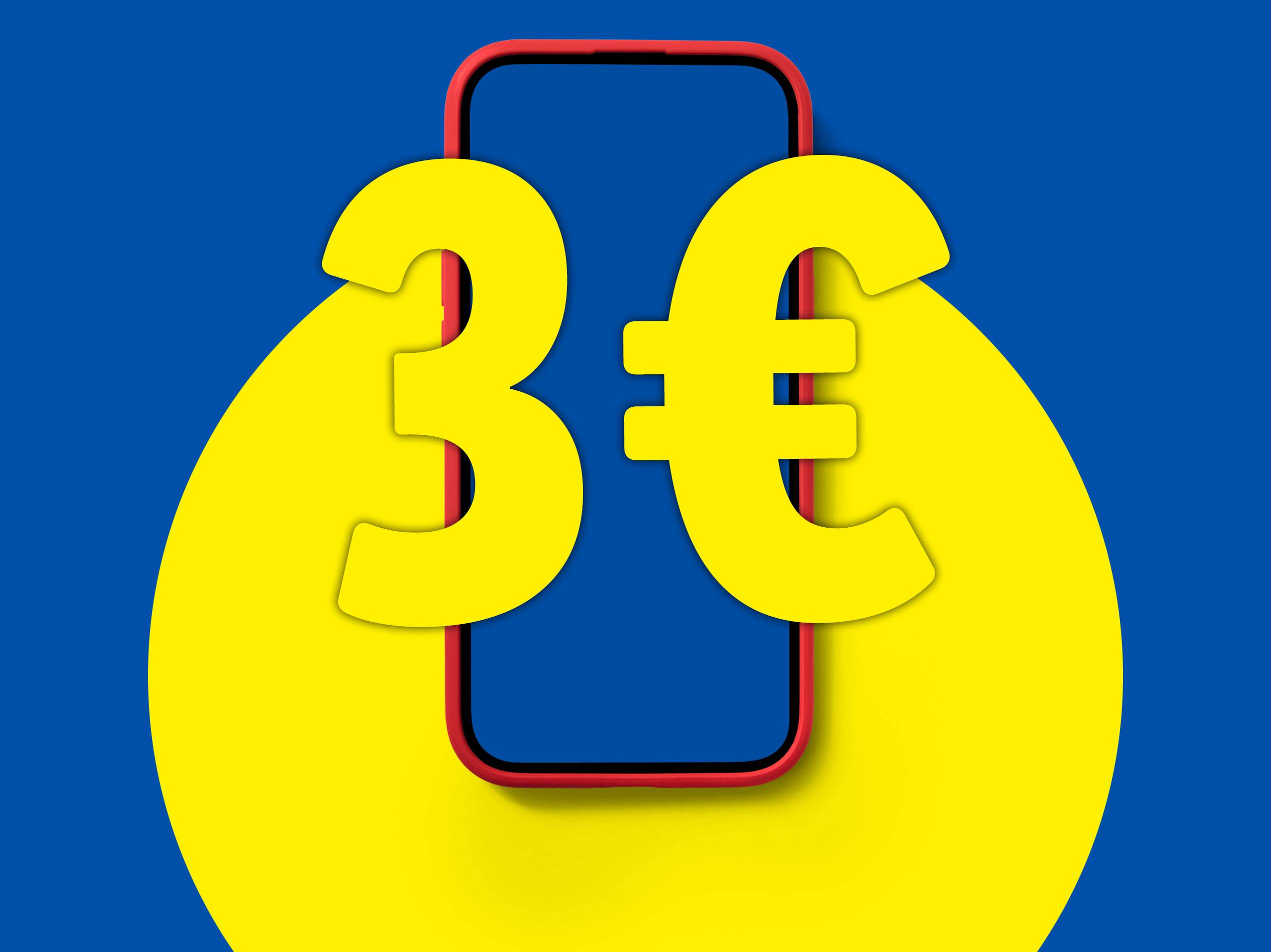 Ein rotes Smartphone mit einer gelben 3 und einem gelben Eurozeichen auf blauem Hintergrund.