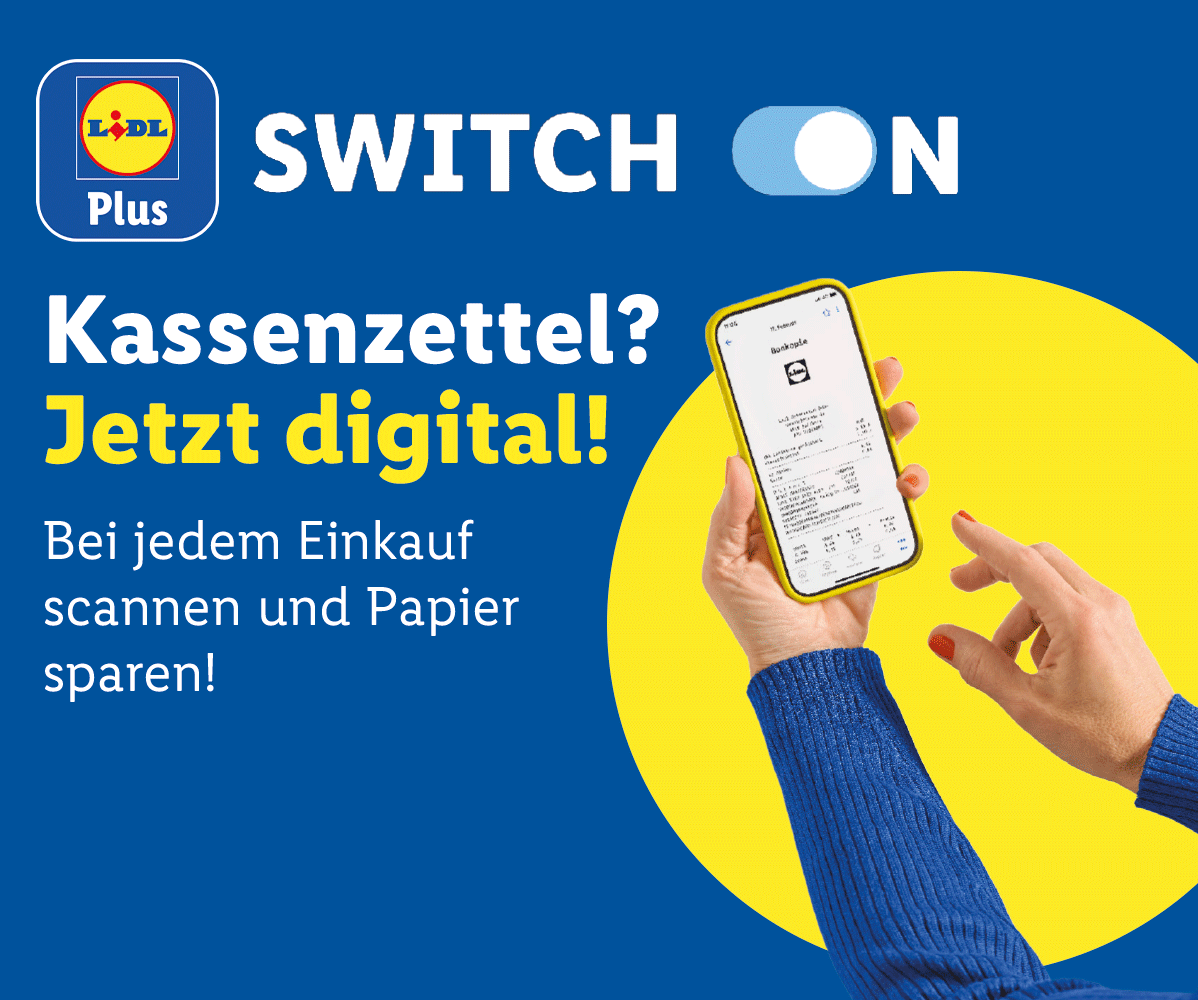 Ein Werbebild für digitale Kassenbons mit dem Text 'Kassenzettel? Jetzt digital! Bei jedem Einkauf scannen und Papier sparen!' und einer Hand, die ein Smartphone mit einem digitalen Beleg hält.