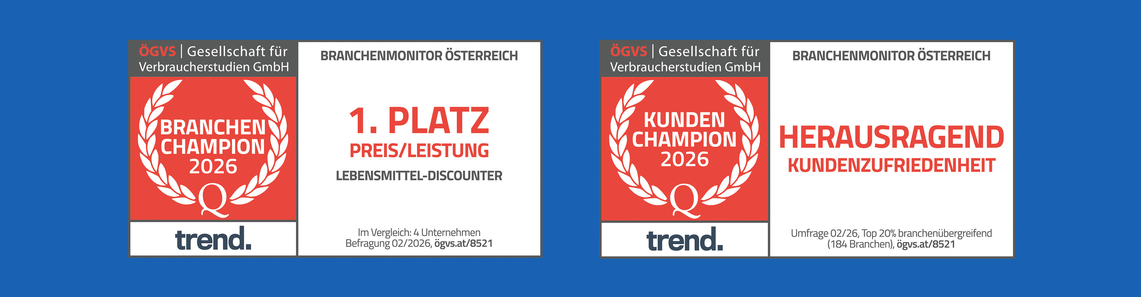 Zwei Auszeichnungen: Branchen-Champion 2026 für Preis/Leistung und Kunden-Champion 2026 für Kundenzufriedenheit.