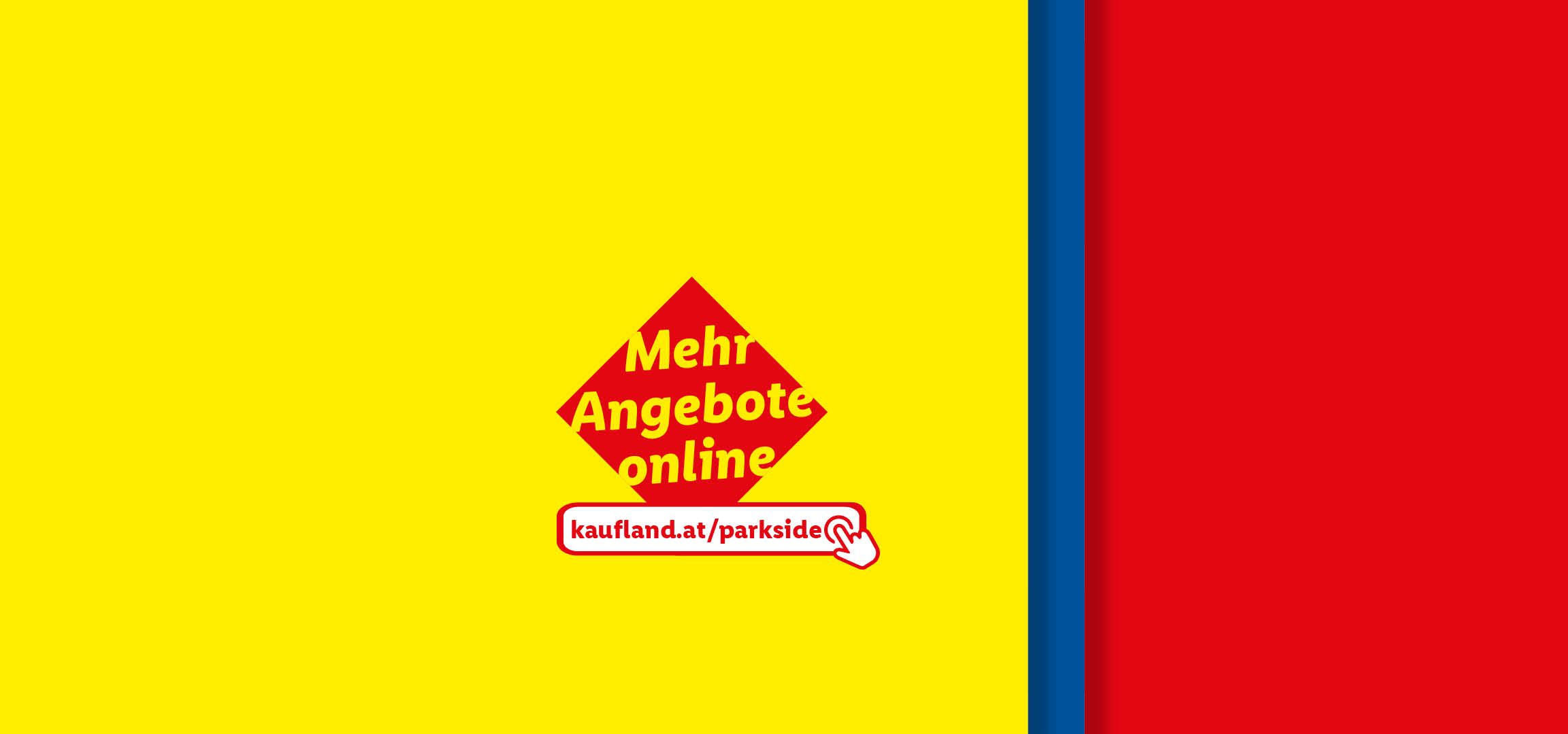 Gelbes Banner mit rotem Rautenlogo und der Aufschrift „Mehr Angebote online“ und einer URL.