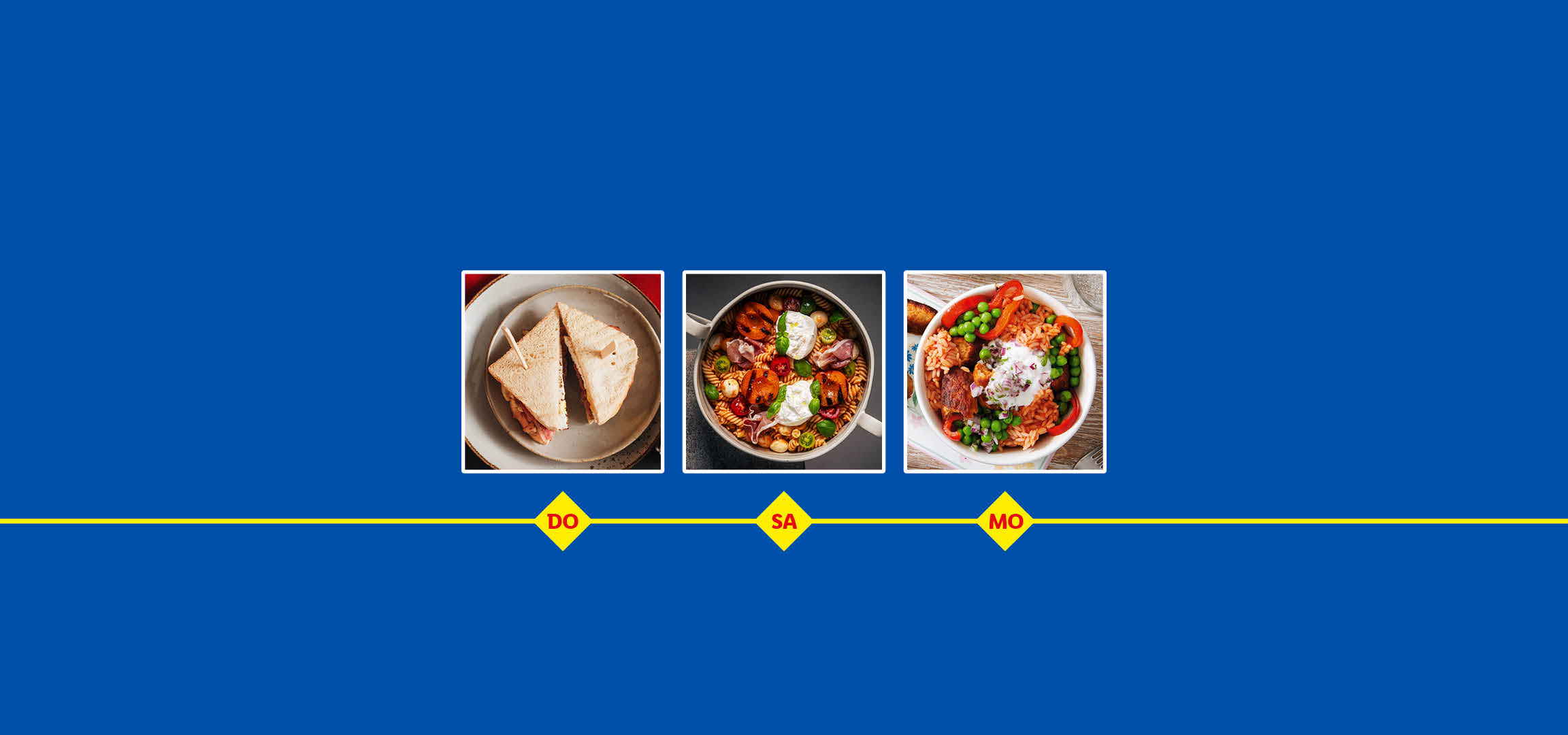 Drei leckere Gerichte: Club Sandwich, Pasta-Salat und Cevapcici Bowl für Do, Sa und Mo.