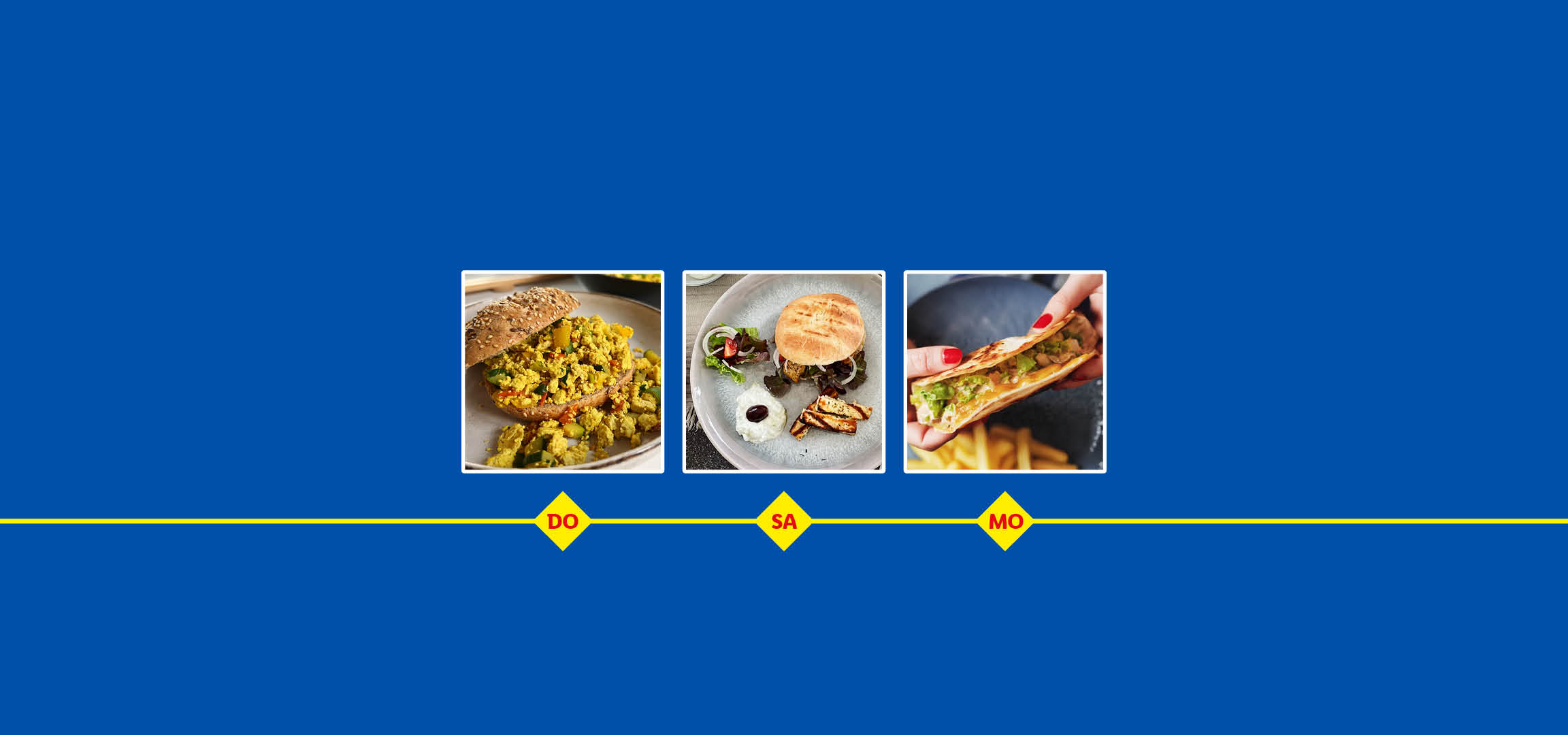 Drei leckere Gerichte: Tofu-Sandwich, Gyros und Quesadilla.