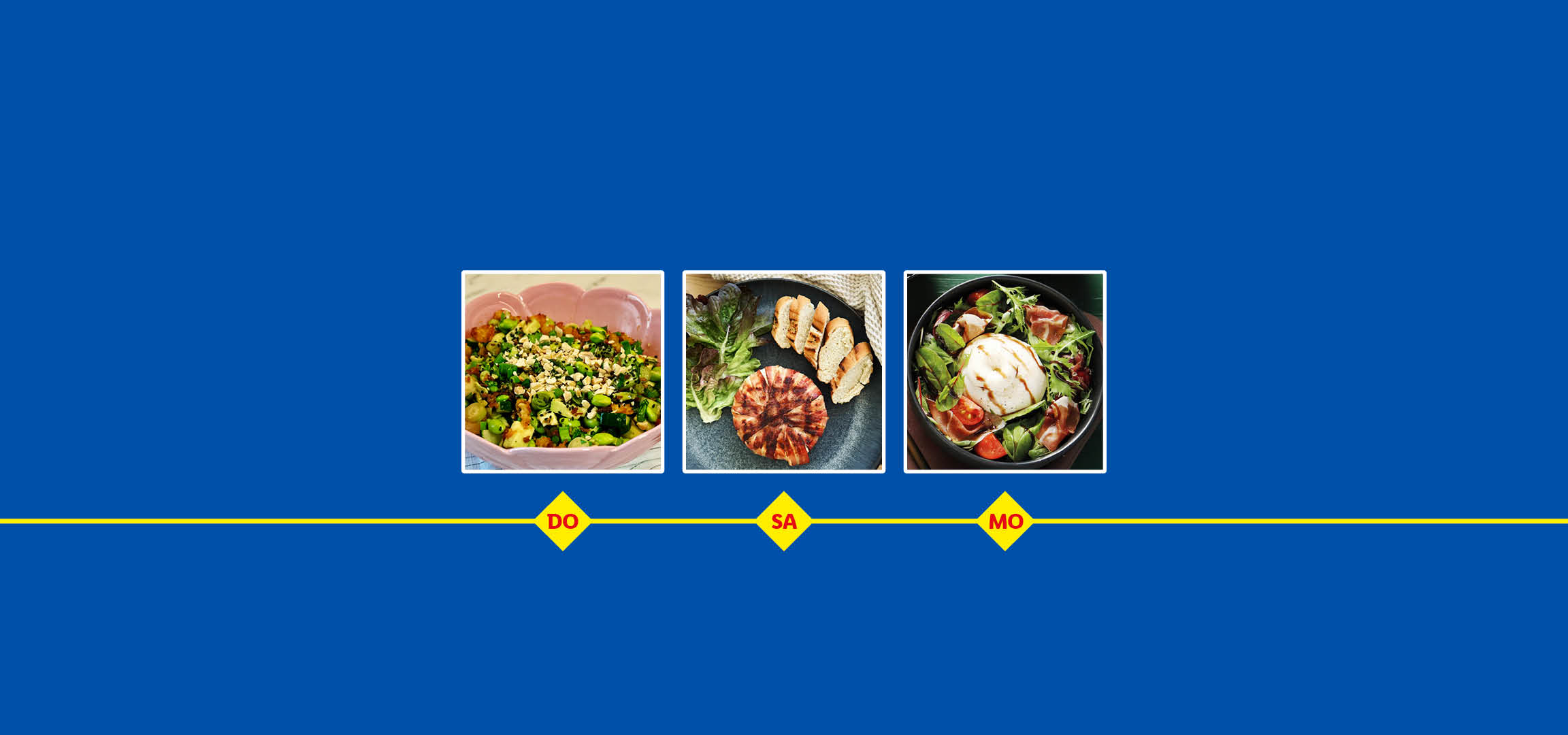 Drei Gerichte: Edamame-Salat, gegrillter Käse mit Brot und Burrata-Salat.