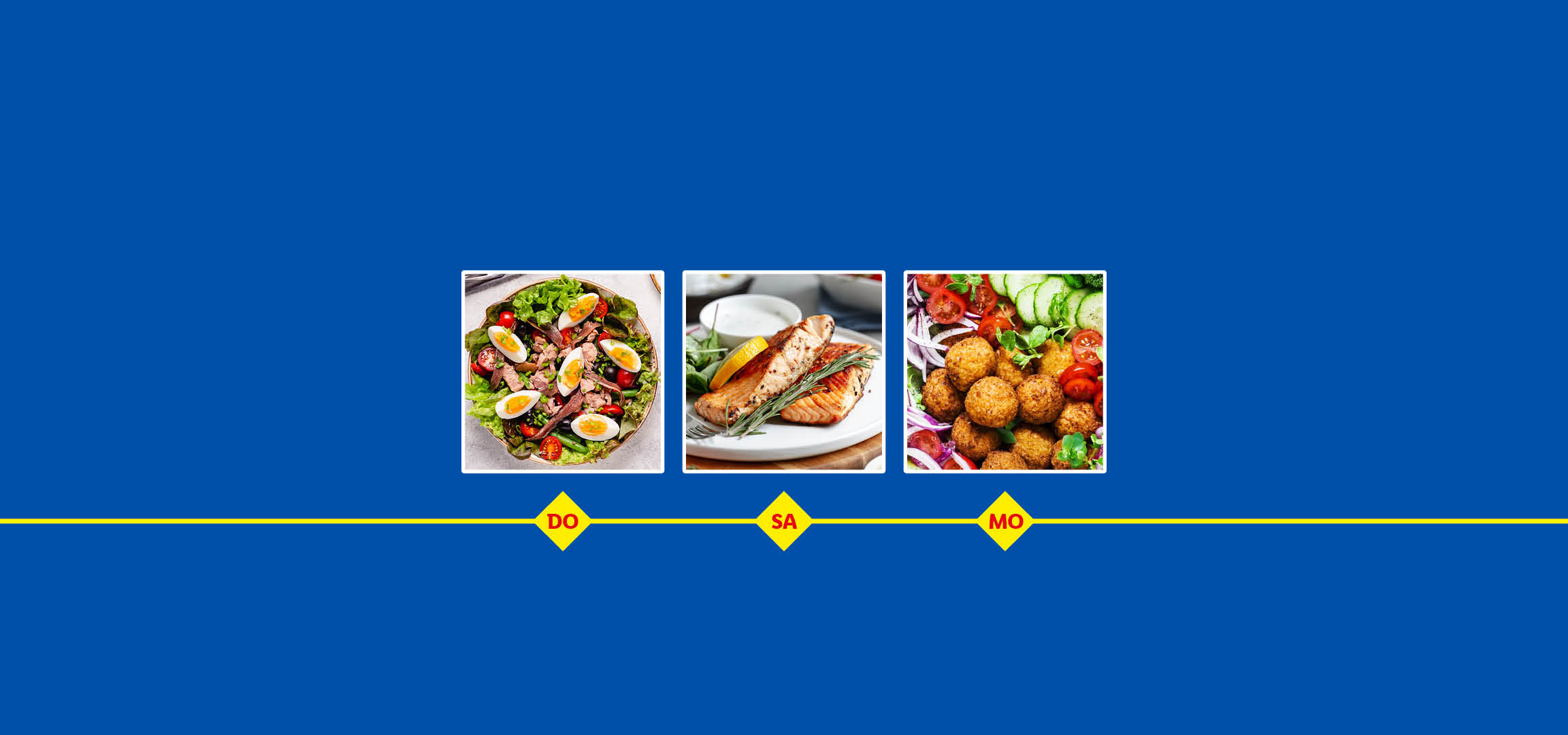 Drei Gerichte: ein Salat mit Eiern und Thunfisch, Lachs mit Rosmarin und Falafel mit Salat.