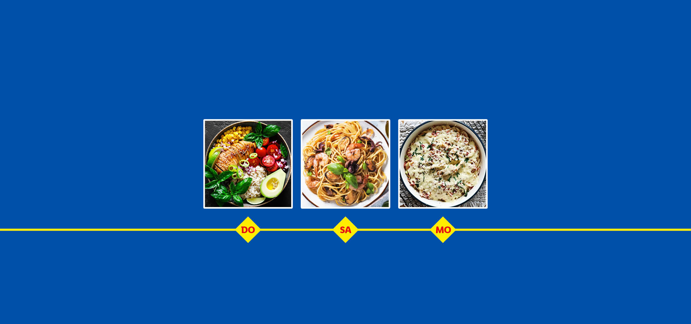 Drei Gerichte: eine Schüssel mit Hähnchen und Gemüse, Spaghetti mit Meeresfrüchten und ein Auflauf, mit gelber Linie und den Buchstaben DO, SA, MO.