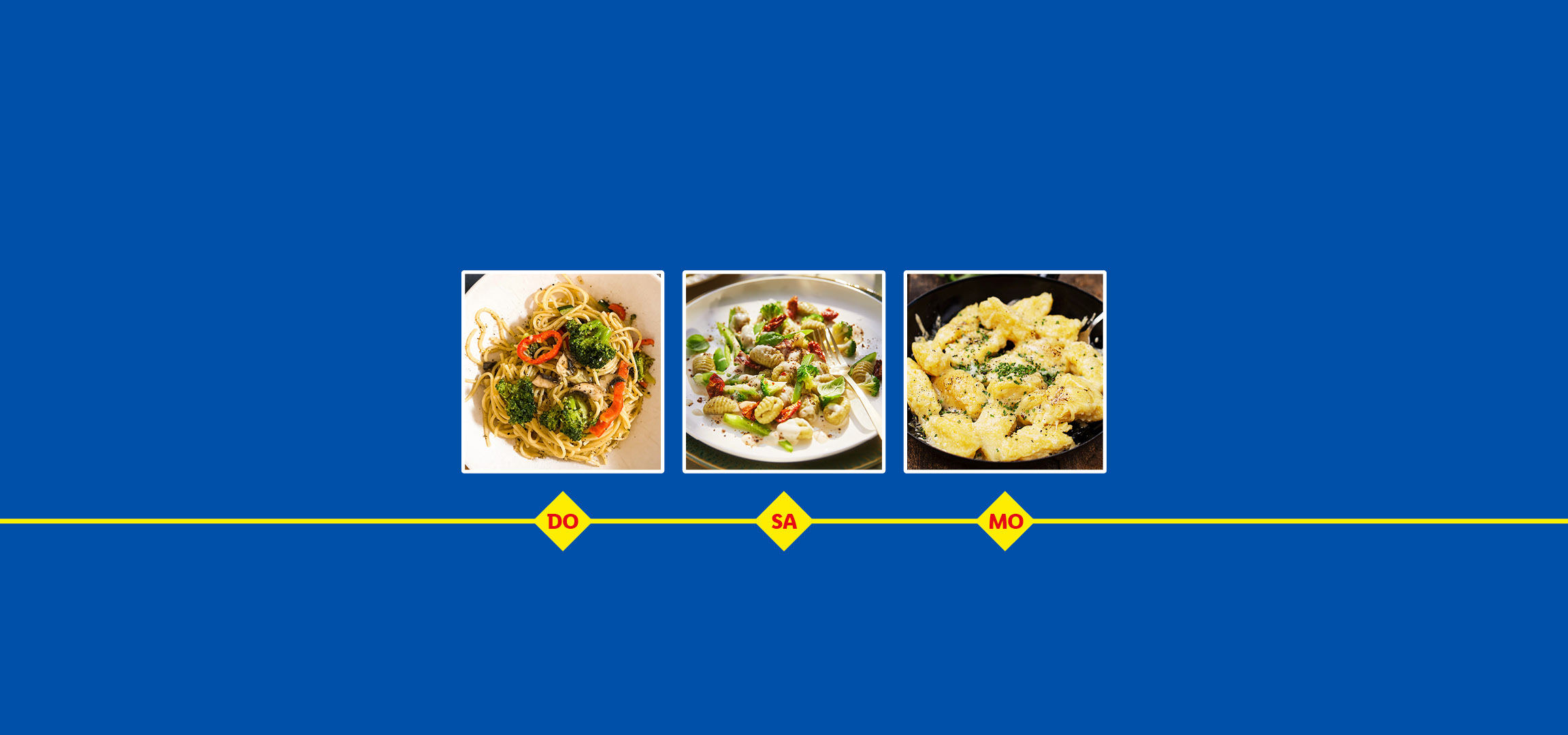 Drei verschiedene Nudelgerichte: Spaghetti mit Brokkoli, Gnocchi mit Gemüse und Käsespätzle.