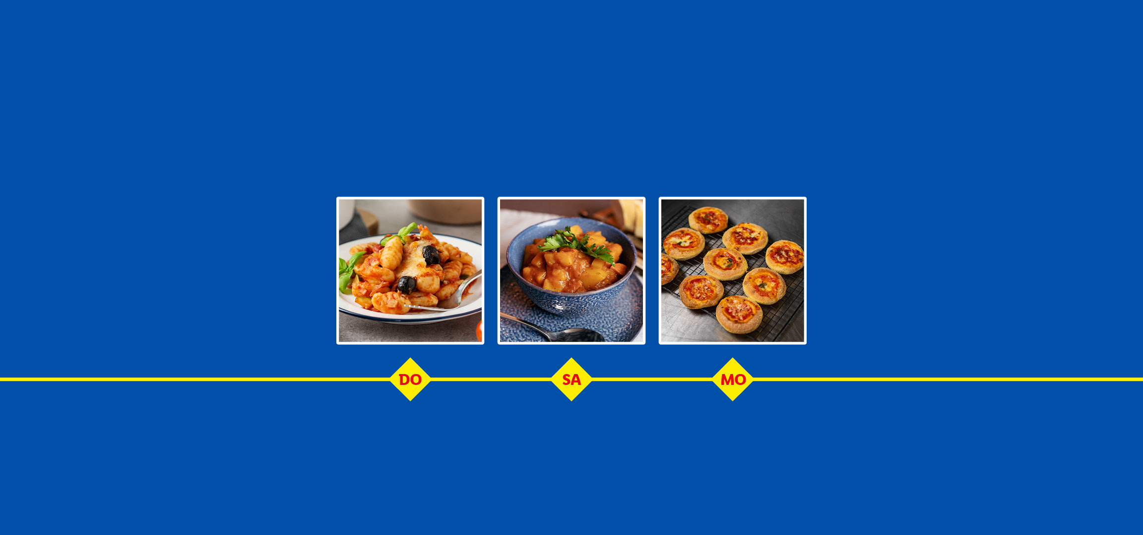 Drei Gerichte: Gnocchi mit Tomaten und Oliven, Eintopf und Mini-Pizzen auf blauem Hintergrund mit gelber Linie und Wochentagen.