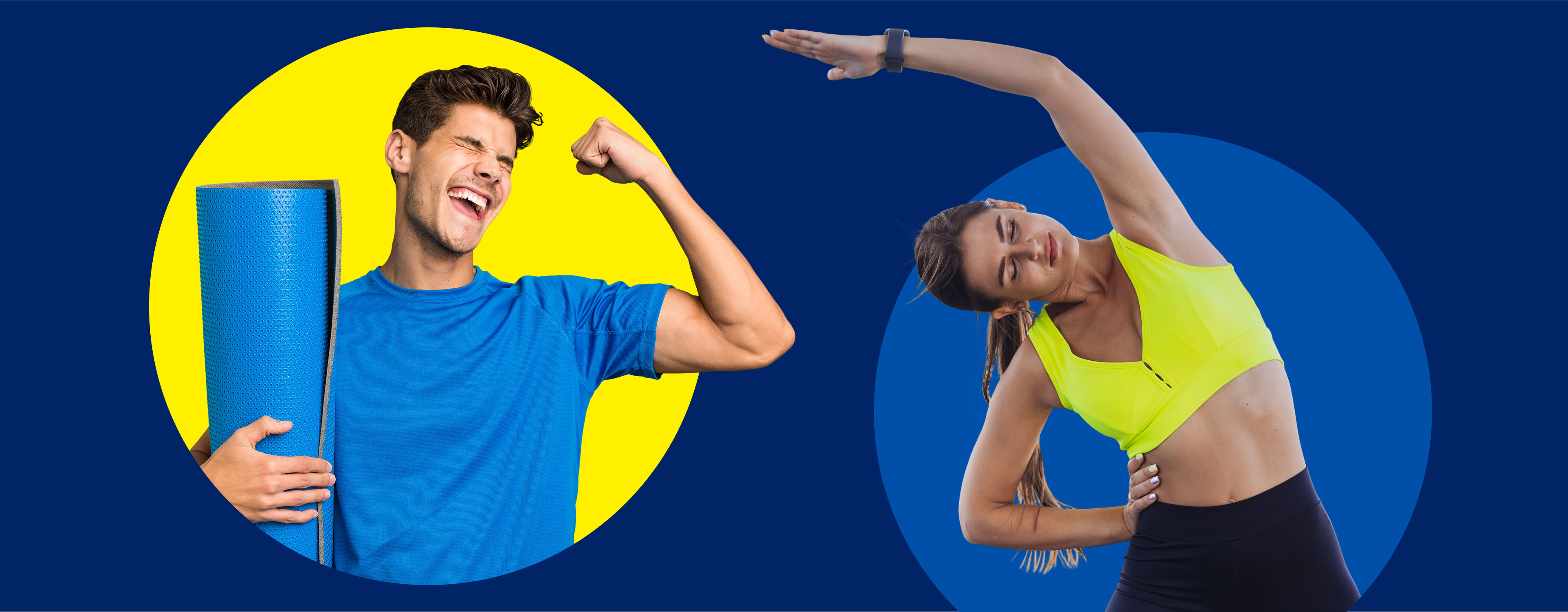 Ein Mann mit Yogamatte und eine Frau beim Dehnen vor blauem Hintergrund.