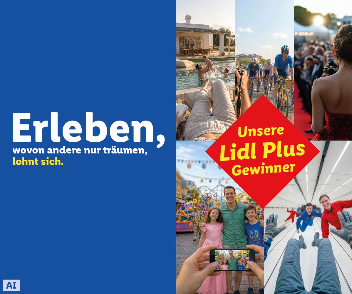 Ein Lidl Plus Gewinner-Banner mit Bildern von Menschen, die verschiedene Erlebnisse genießen, und dem Text „Erleben, wovon andere nur träumen, lohnt sich.“ Bild ist KI-generiert.