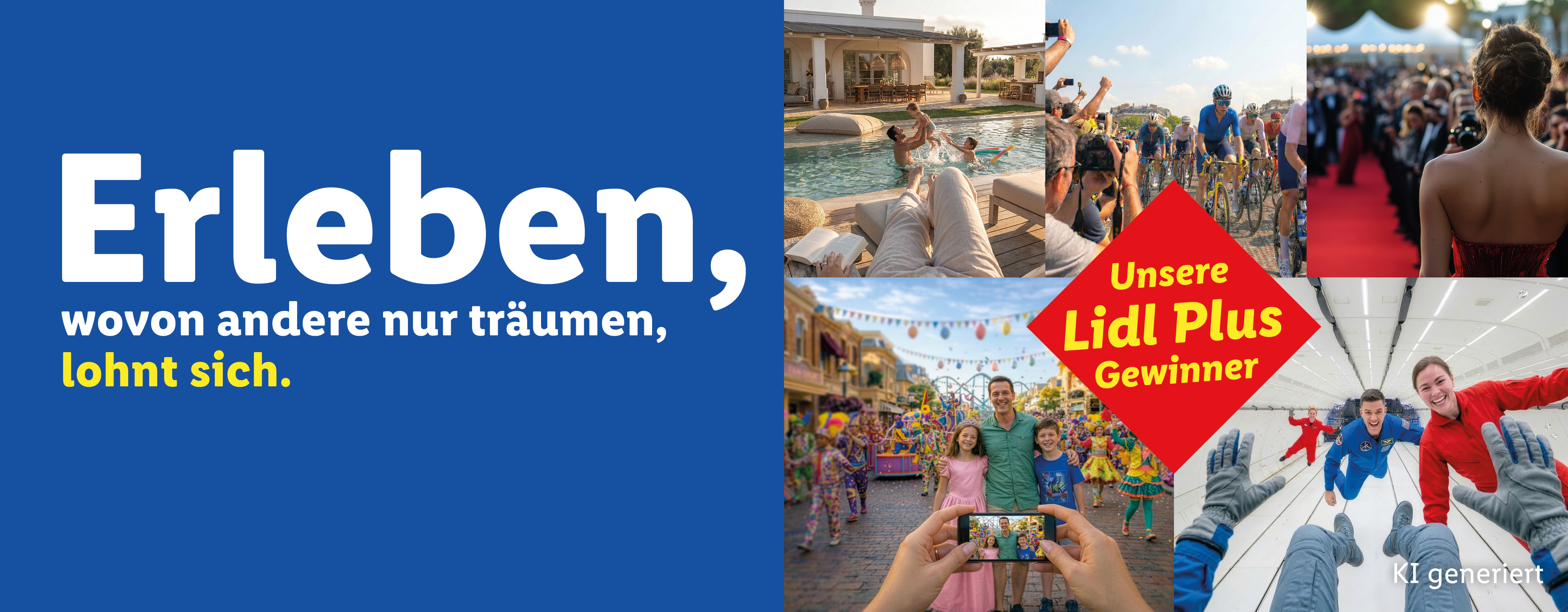 Collage von Erlebnissen, die sich lohnen, mit dem Text 'Unsere Lidl Plus Gewinner'.