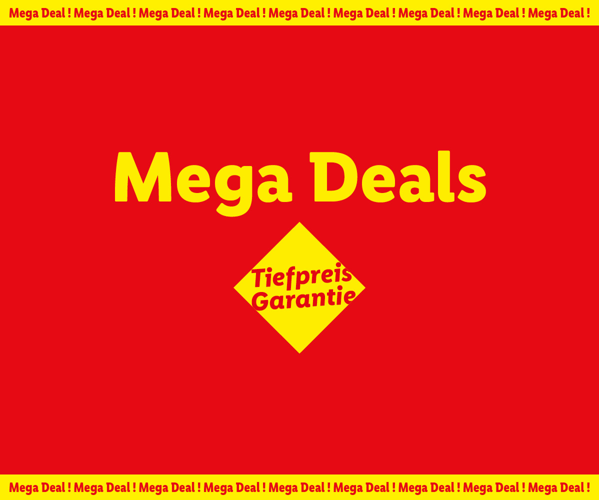 Rotes Banner mit gelbem Text 'Mega Deals' und 'Tiefpreis Garantie' Raute.