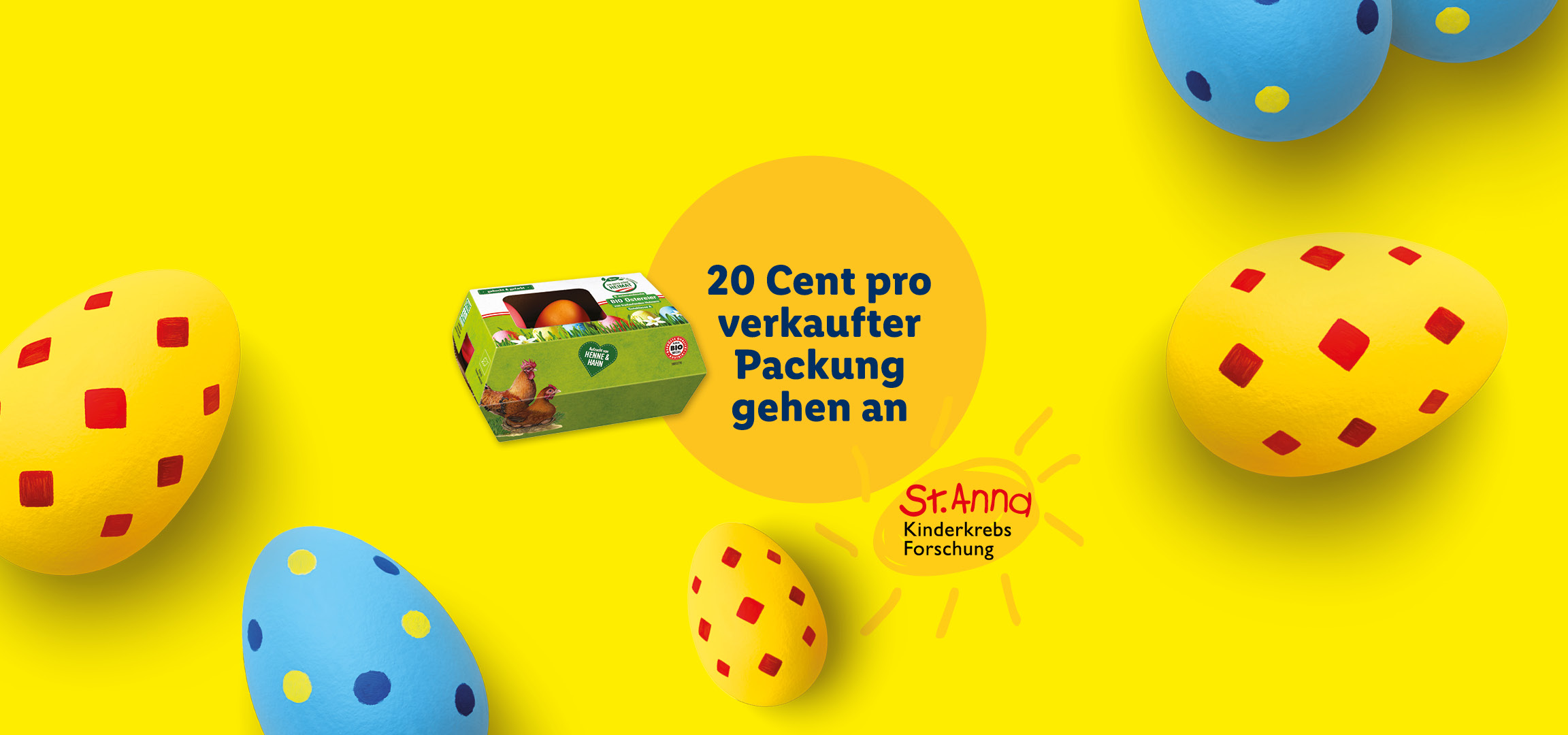 Ostereier-Verpackung mit Hühnern und Spendenaktion für Kinderkrebsforschung