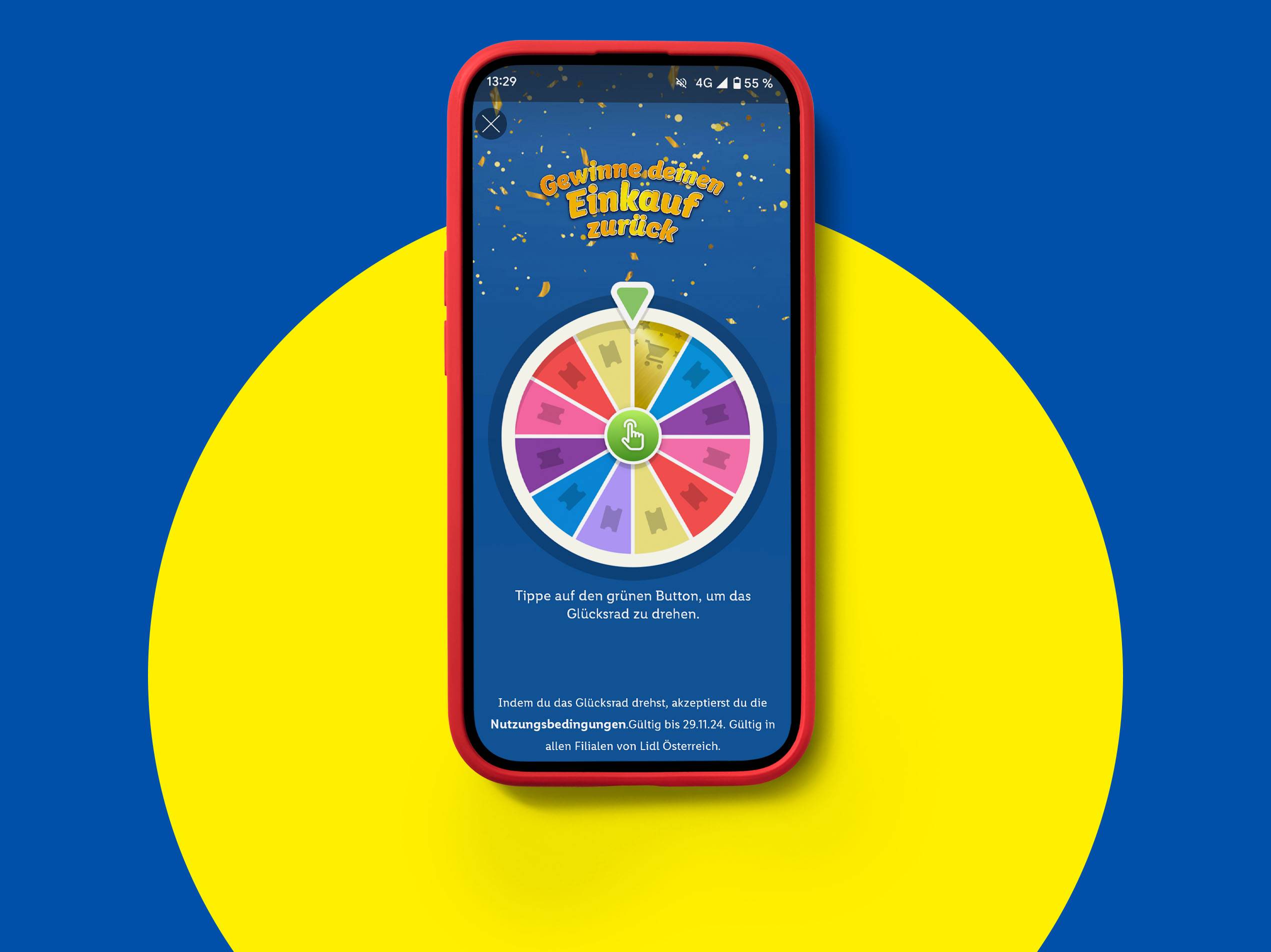 Handyscreen zeigt das Glücksrad von Lidl Plus an.