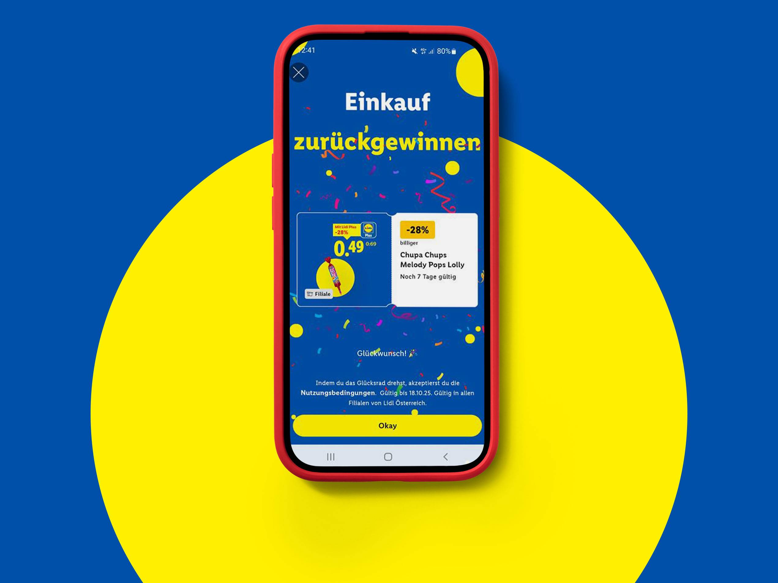 Lidl App mit Angebot für Chupa Chups Melody Pops Lolly und der Möglichkeit, den Einkauf zurückzugewinnen.