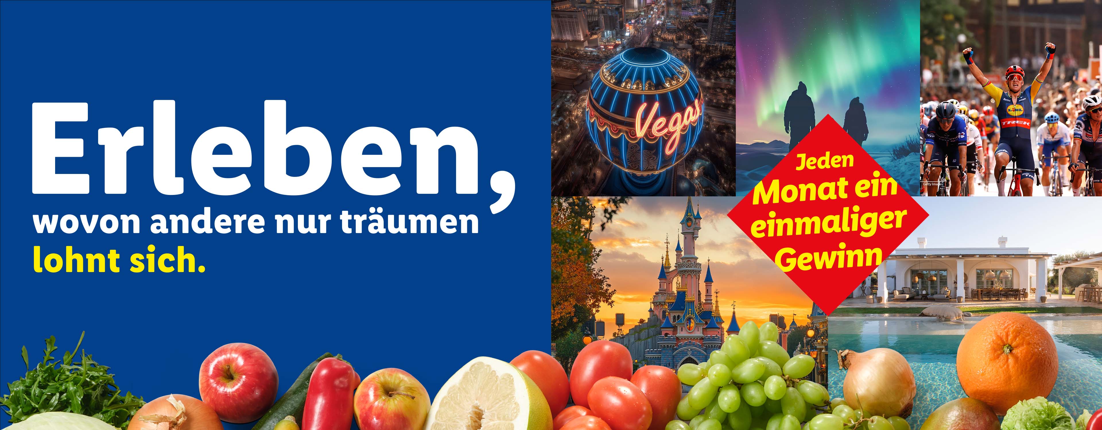Werbung für einen monatlichen Gewinn mit Bildern von Las Vegas, Nordlichtern, Radrennen, Disneyland, einer Villa und frischen Lebensmitteln.