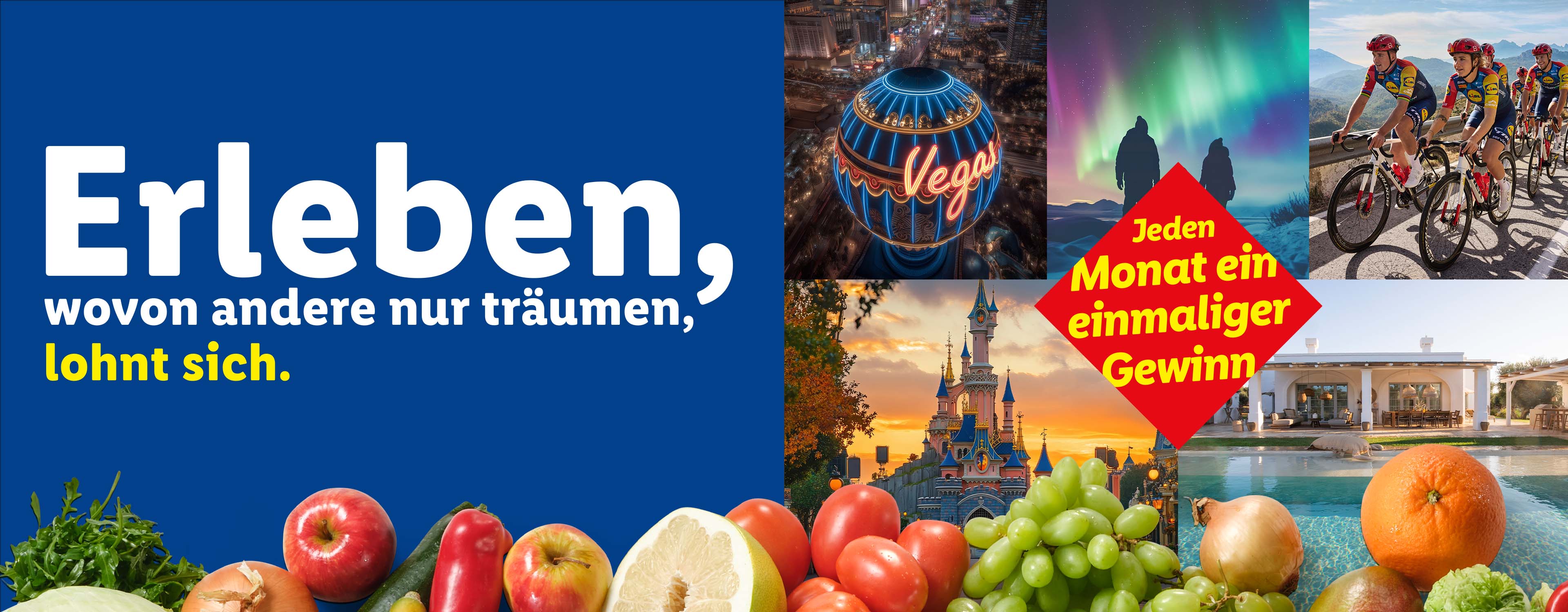 Ein Bild mit verschiedenen Reiseerlebnissen und dem Text 'Erleben, wovon andere nur träumen, lohnt sich. Jeden Monat ein einmaliger Gewinn'.