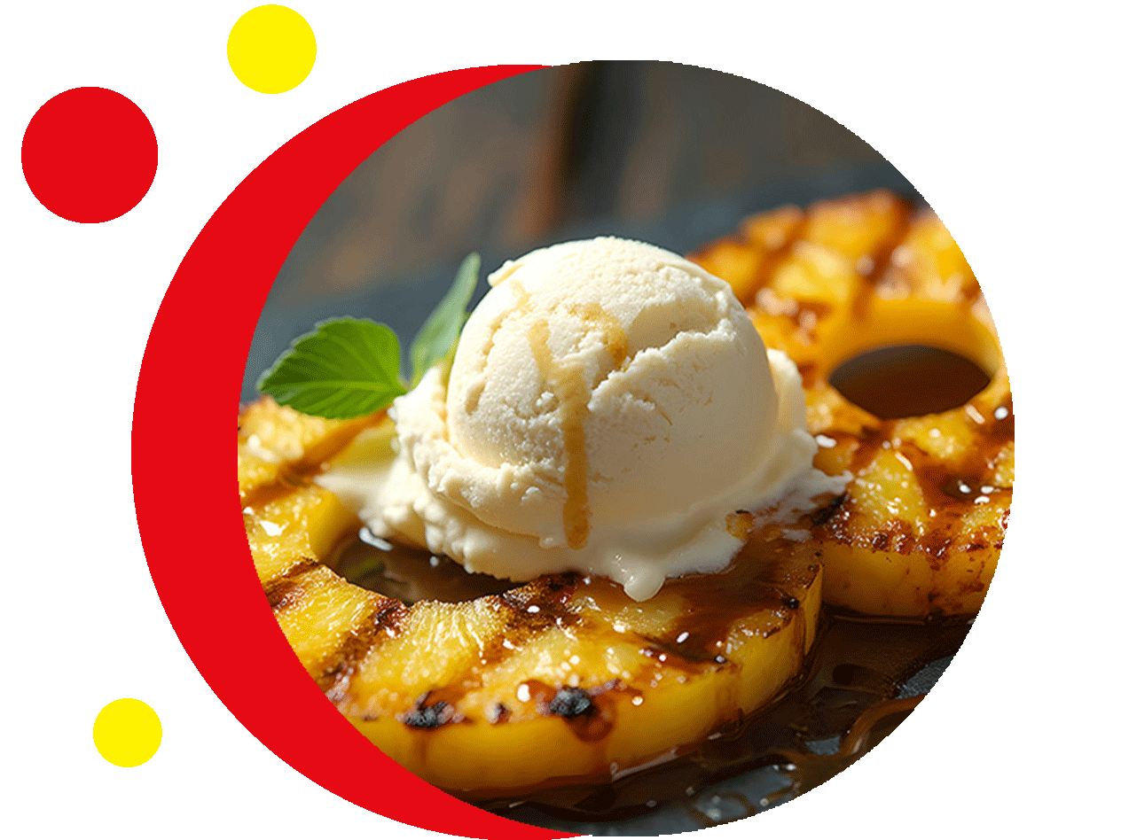 Gegrillter Ananas mit Vanilleeis und Karamelsauce.