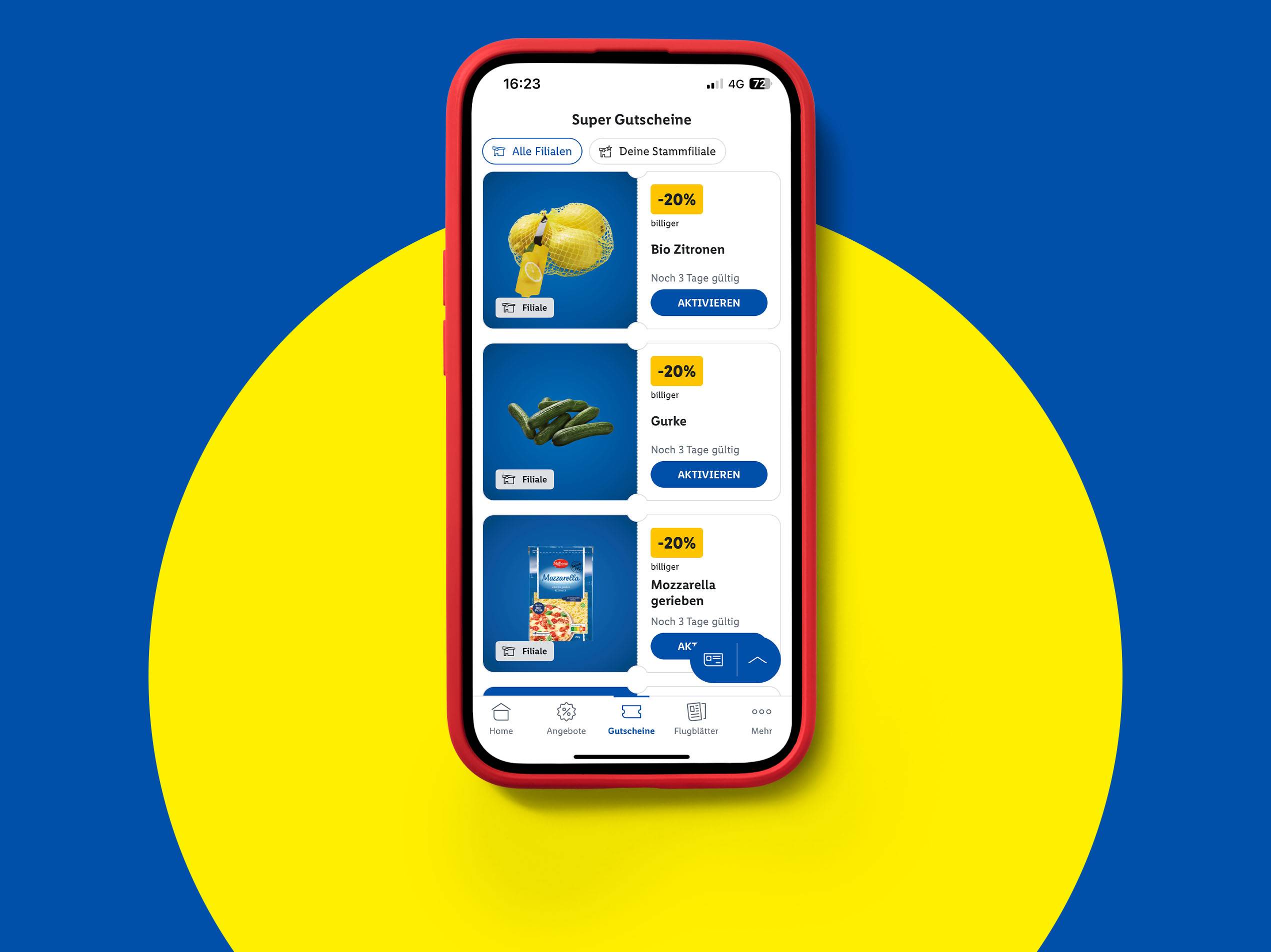 Eine Smartphone-App zeigt Gutscheine für Bio-Zitronen, Gurken und geriebenen Mozzarella.