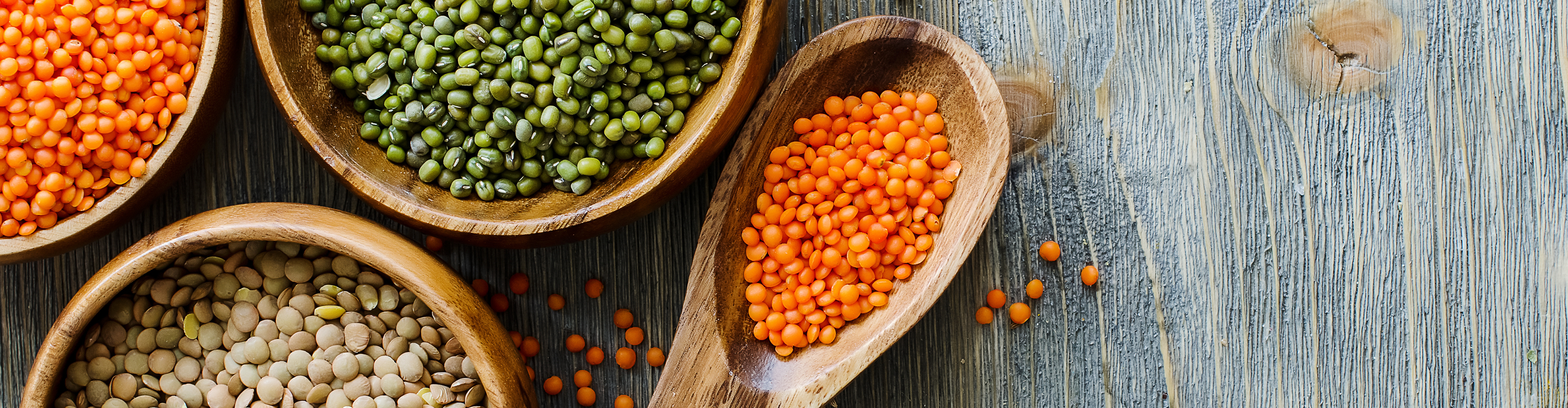 Verschiedene Linsensorten und Mungobohnen in Holzschalen und auf einem Holzlöffel.