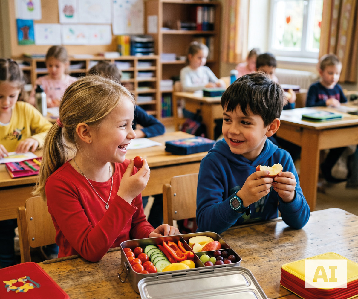 Lachende Kinder essen Obst und Gemüse aus einer Brotdose in der Schule. Das Bild ist KI-generiert.