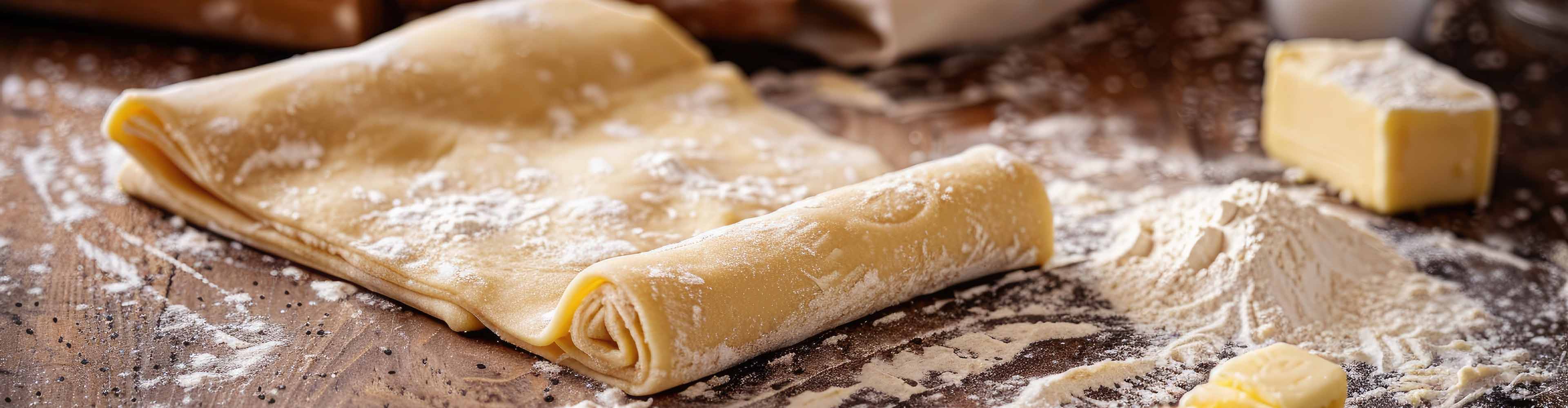 Blätterteigrolle und Mehl auf einem Holztisch mit Butterstücken