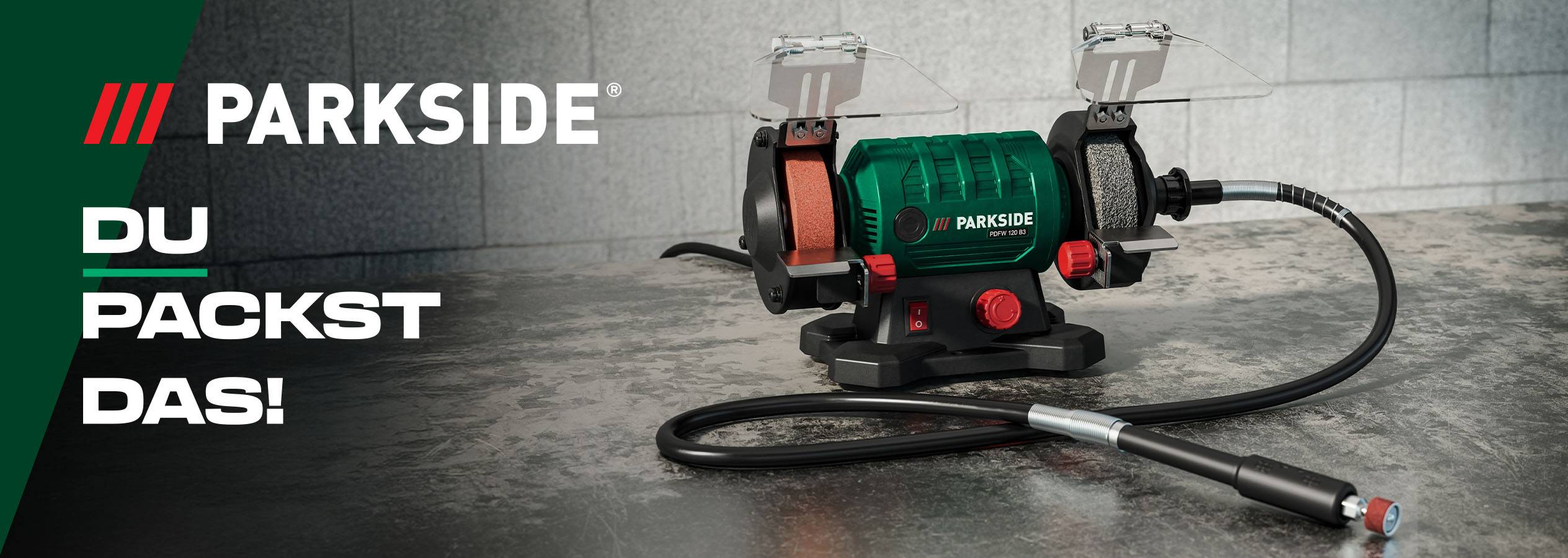 Parkside Schleifmaschine mit flexibler Welle auf einer Arbeitsfläche.