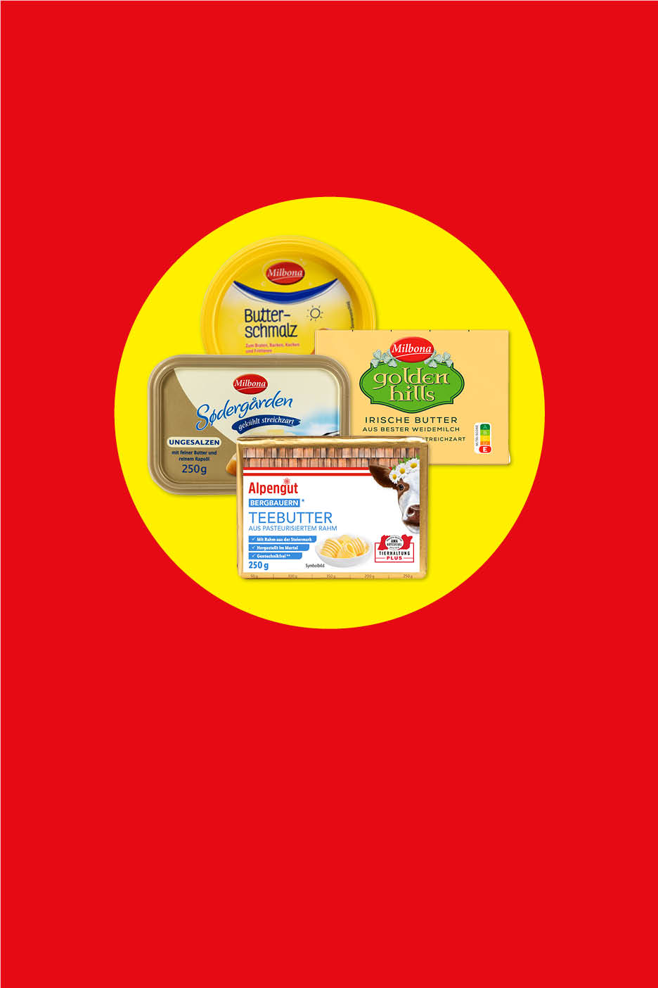 Eine Auswahl an Butterprodukten, darunter Butterschmalz, Irische Butter und Teebutter.