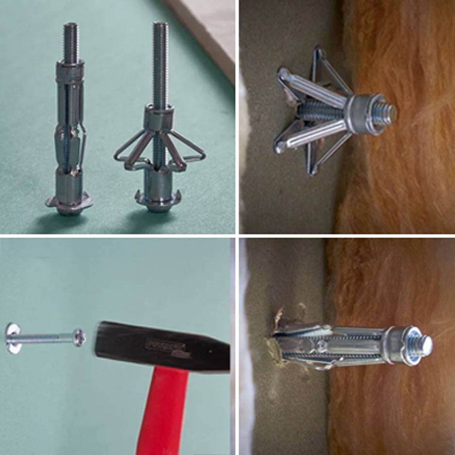 Hohlwanddübel und deren Installation mit einem Hammer.