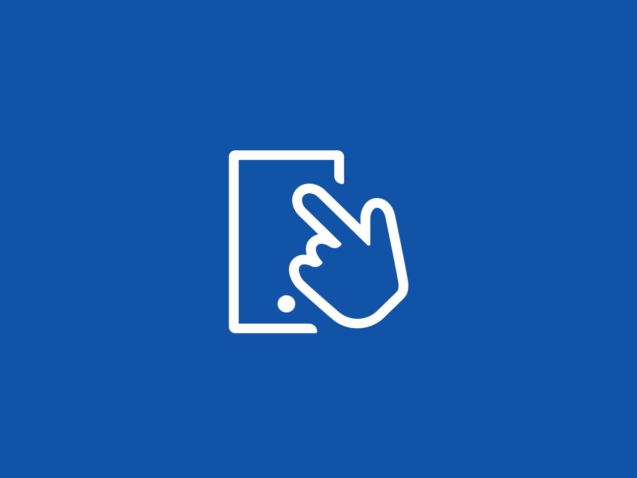 Ein weißes Handsymbol berührt einen weißen Smartphone-Bildschirm auf blauem Hintergrund.