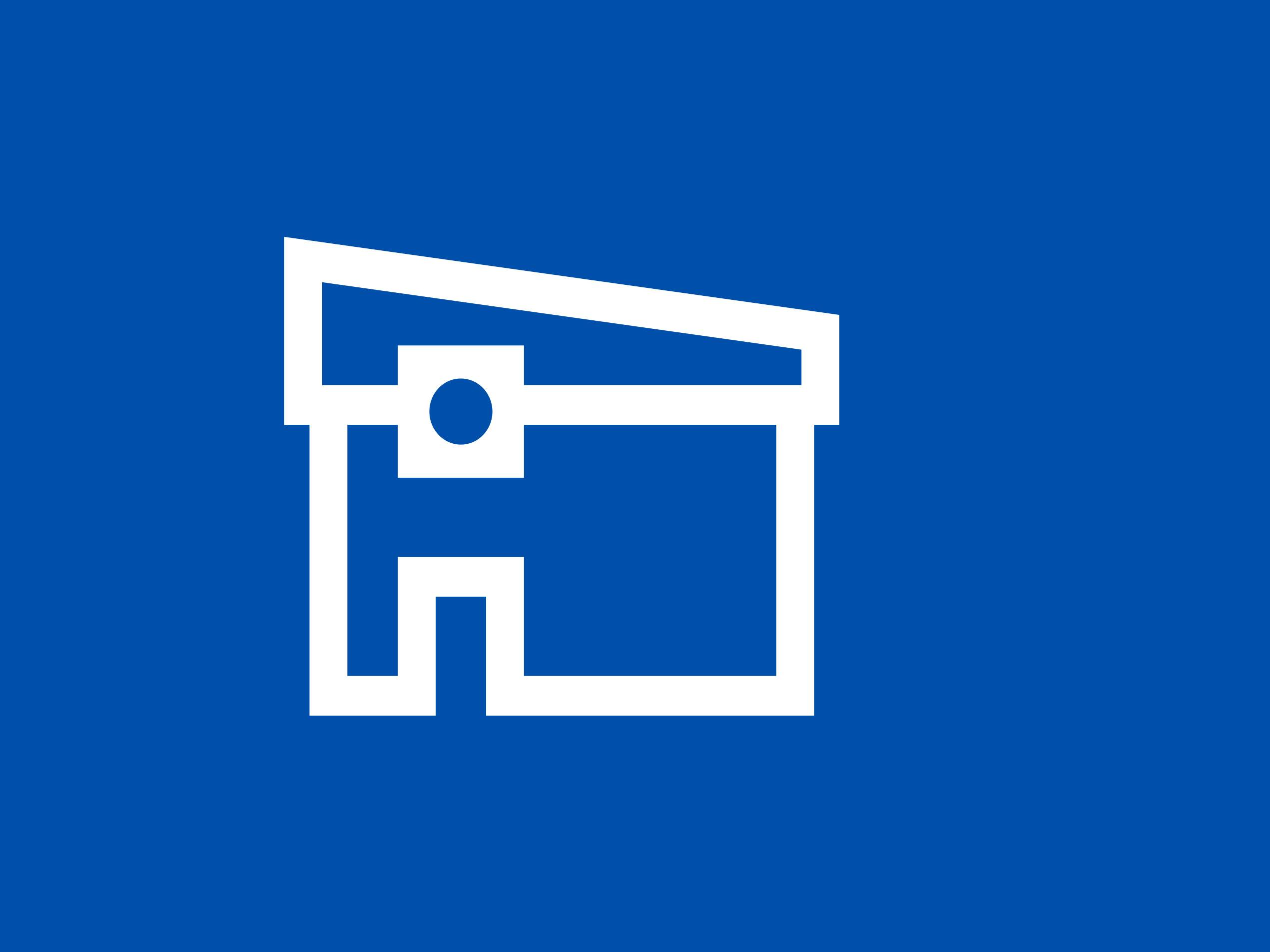 Ein weißes, stilisiertes Haus- oder Gebäudesymbol auf blauem Hintergrund.