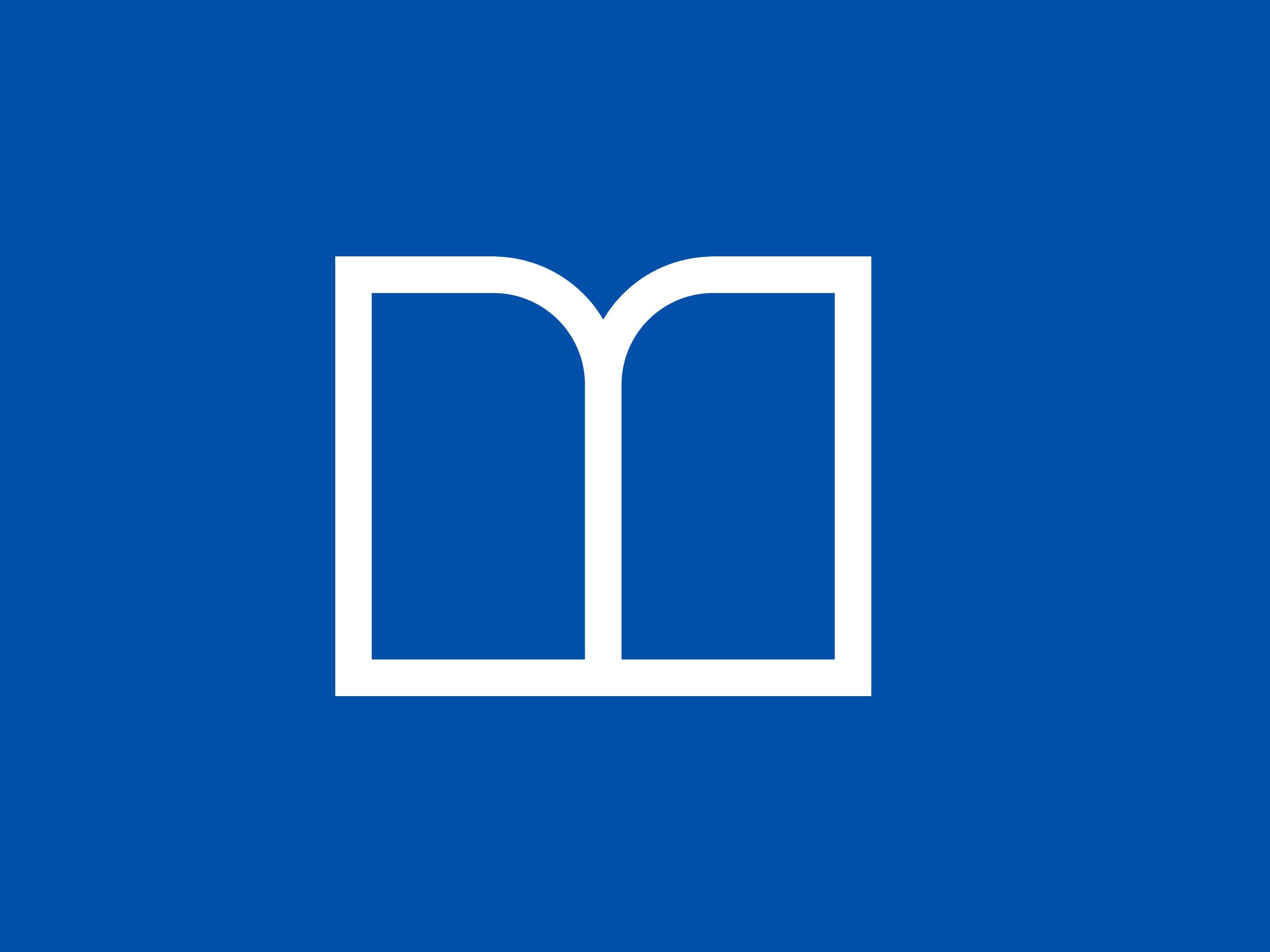 Ein weißes, stilisiertes M-Logo auf blauem Hintergrund.