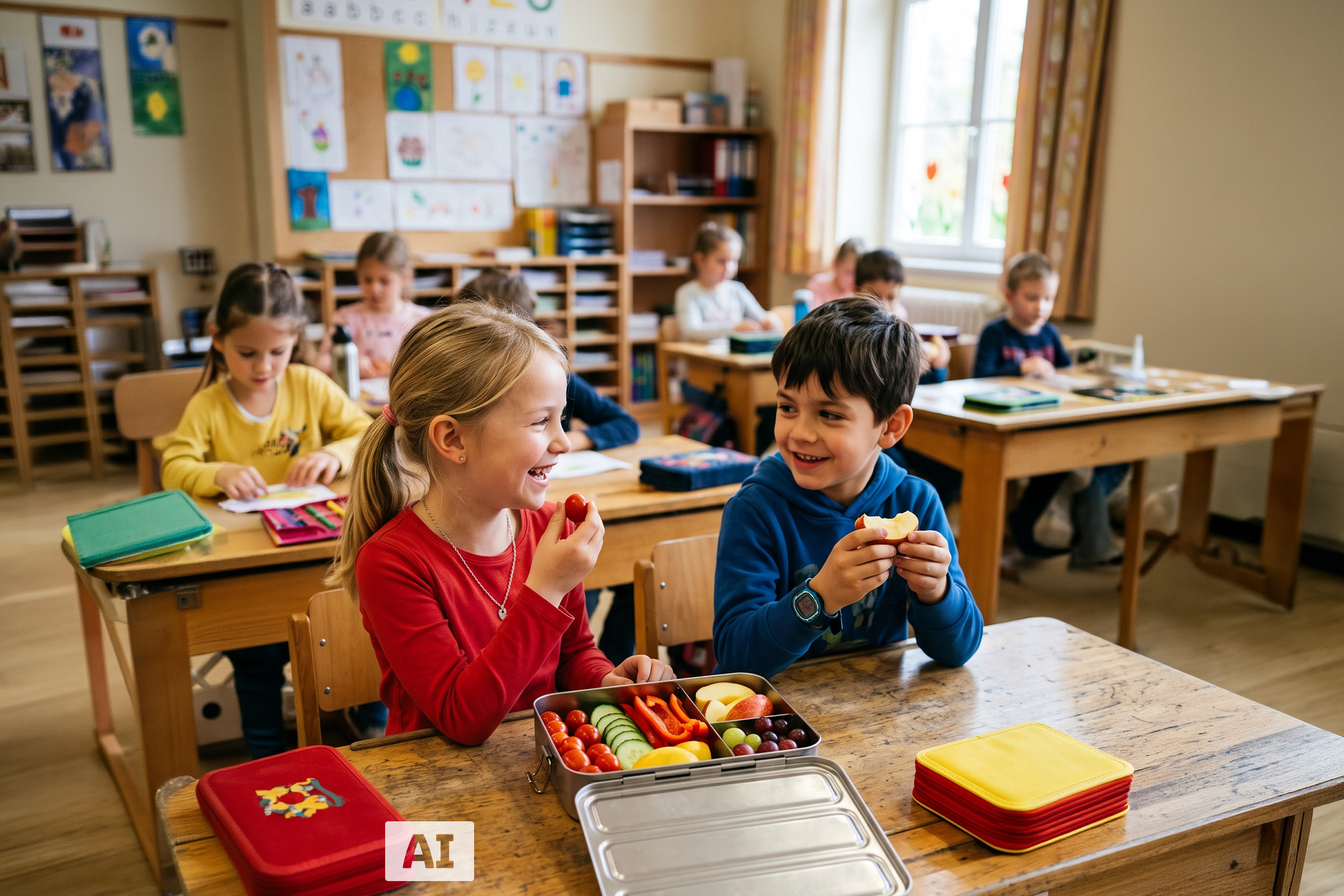 Kinder essen Obst und Gemüse in der Schule.