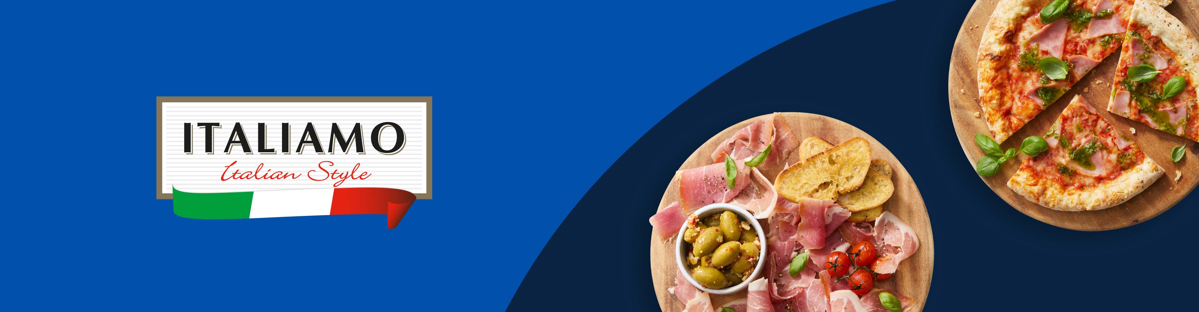 Italiamo Italian Style Logo mit Antipasti und Pizza auf blauem Hintergrund.