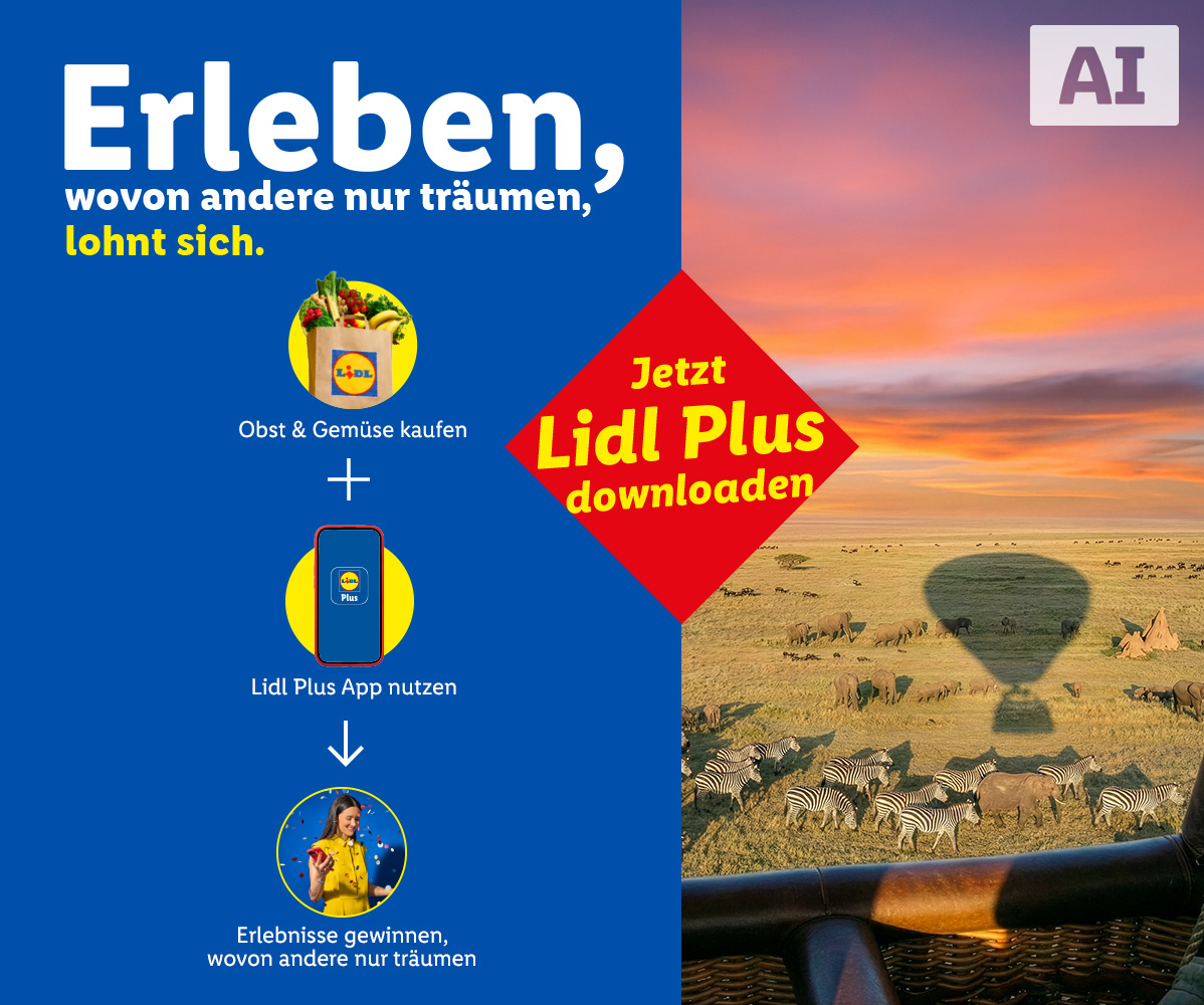 Ein Heißluftballon über einer Savanne mit Zebras und Elefanten, daneben eine Anleitung zur Nutzung der Lidl Plus App. Bild ist KI-generiert