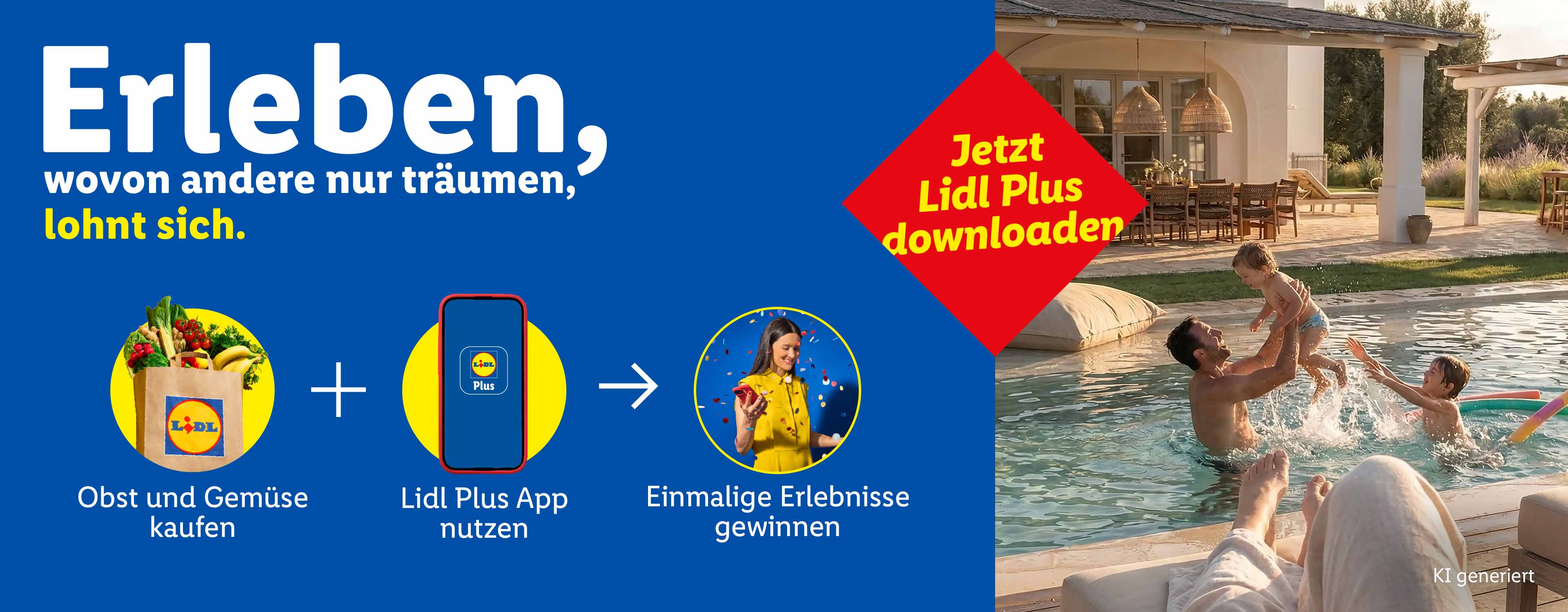 Ein Bild mit verschiedenen Reiseerlebnissen und dem Text 'Erleben, wovon andere nur träumen, lohnt sich. Jeden Monat ein einmaliger Gewinn'.