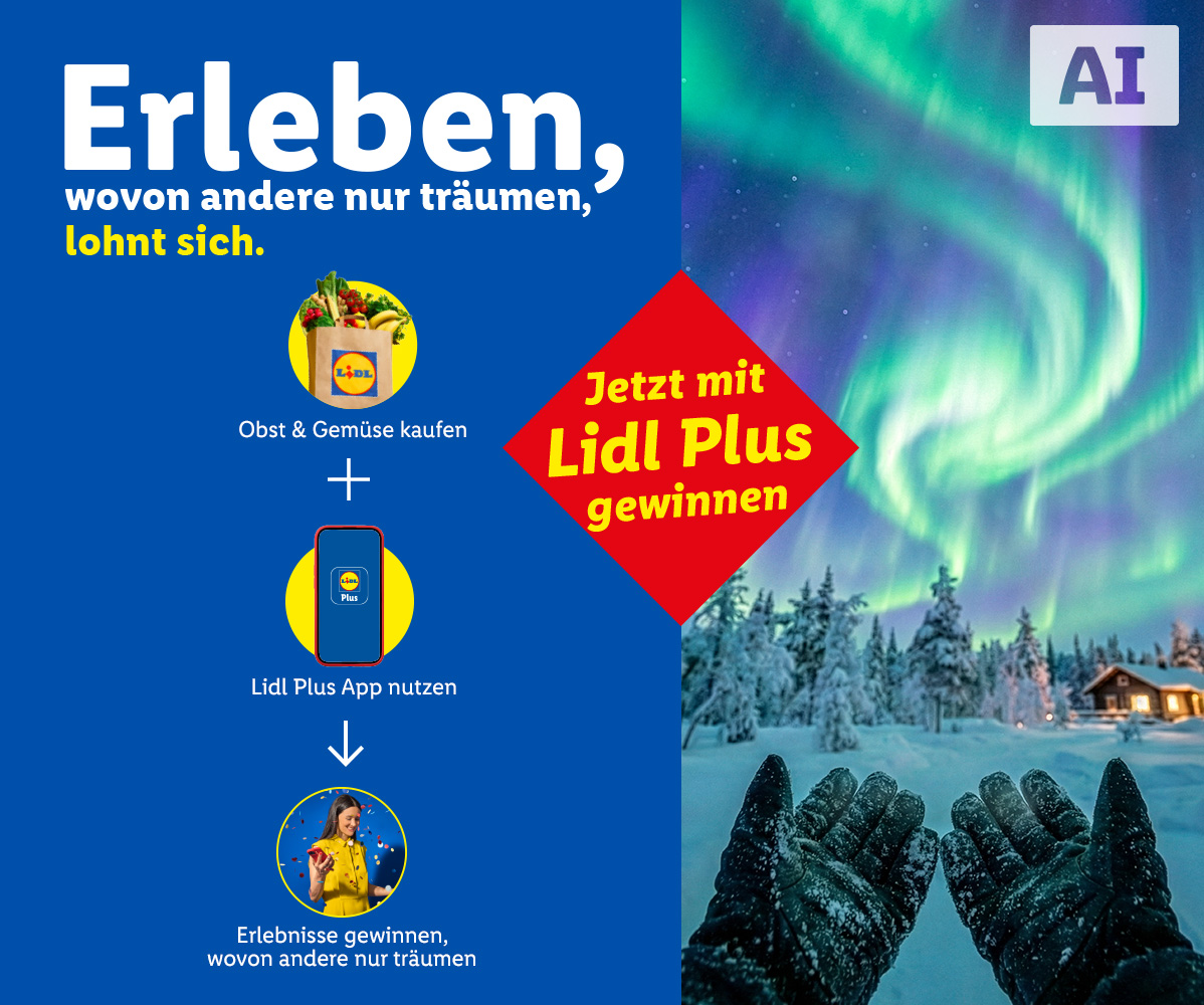 Ein Werbebanner, das zeigt, wie man durch den Kauf von Obst und Gemüse und die Nutzung der App Erlebnisse gewinnen kann, von denen andere nur träumen, mit einem Bild der Nordlichter. KI-generiert.
