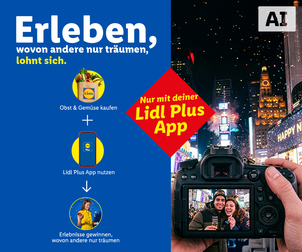 KI Generiert: Werbung für eine App mit Gewinnspiel für Erlebnisse beim Kauf von Obst und Gemüse.