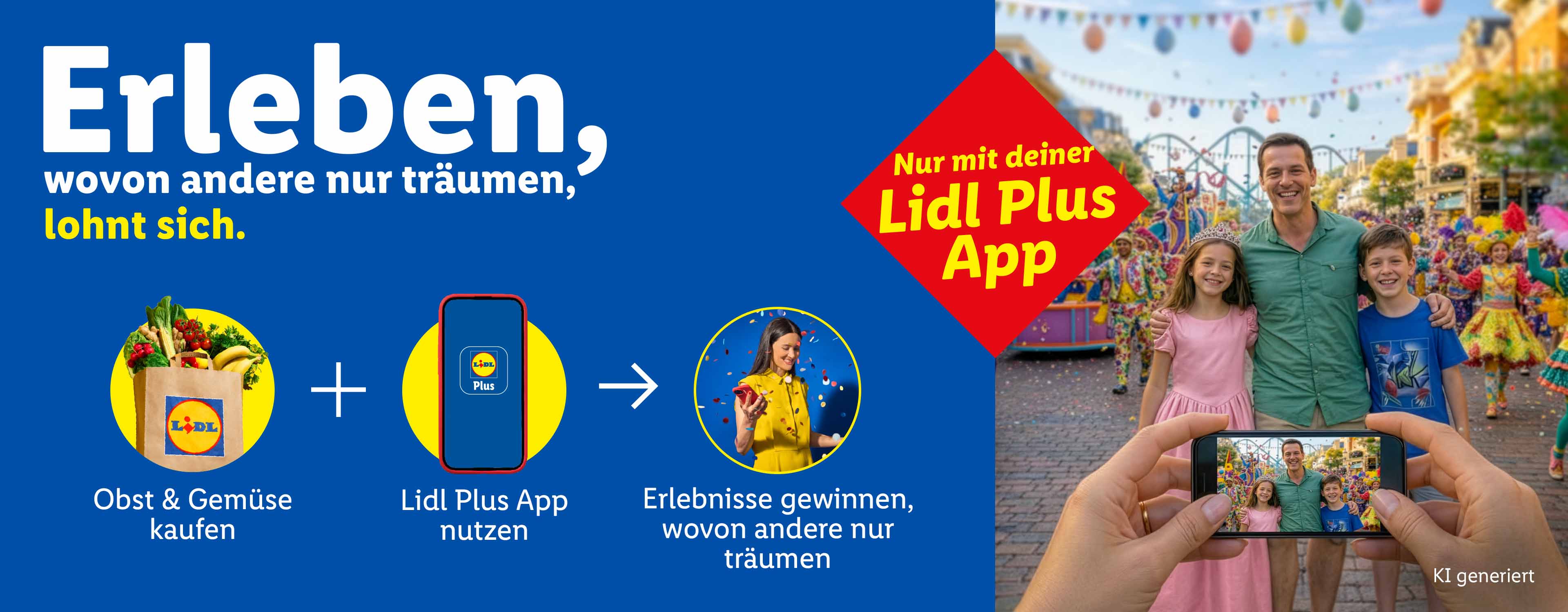 Eine Familie macht ein Foto vor einer Parade, während oben ein Diagramm zeigt, wie man mit einer App Erlebnisse gewinnt.