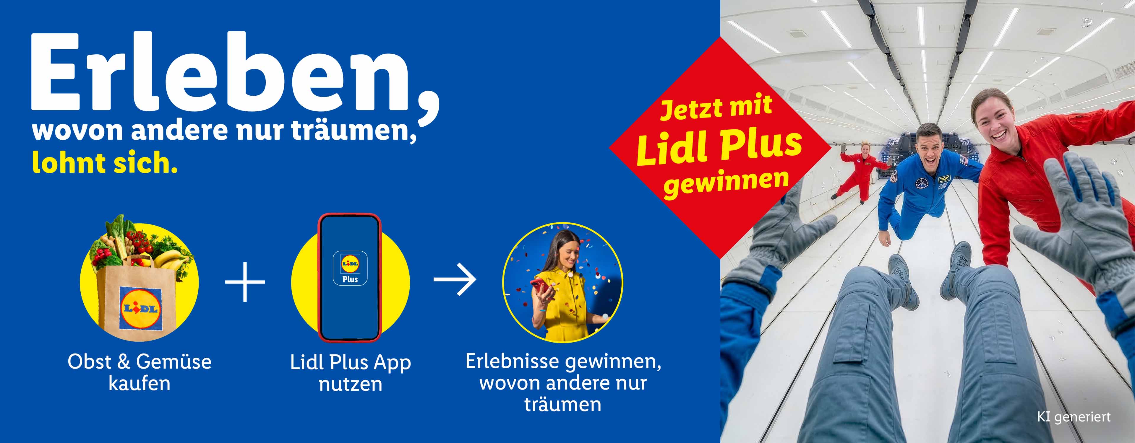 Menschen schweben in Schwerelosigkeit, während oben ein Einkaufswagen, eine App und eine Frau mit Konfetti zu sehen sind.