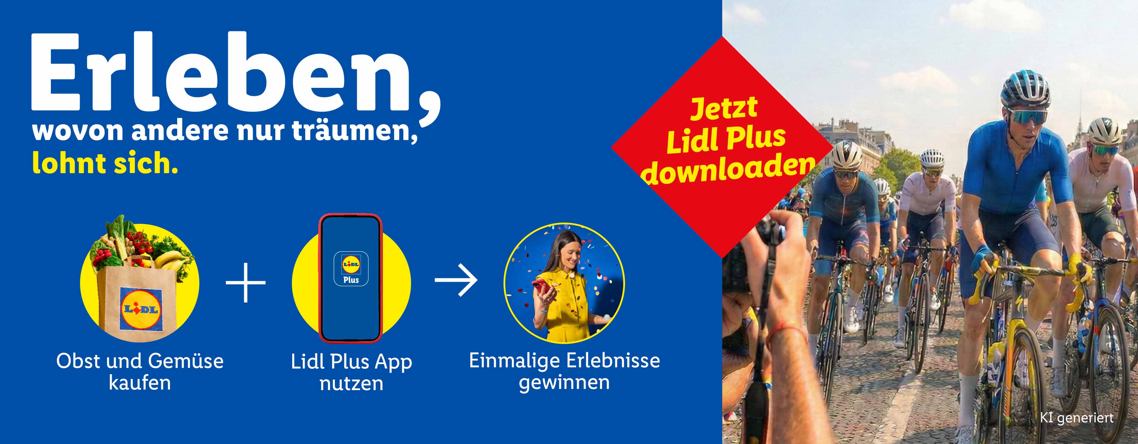 Ein Plakat bewirbt die Lidl Plus App: Obst und Gemüse kaufen, App nutzen, Erlebnisse gewinnen. Unten Radfahrer.
