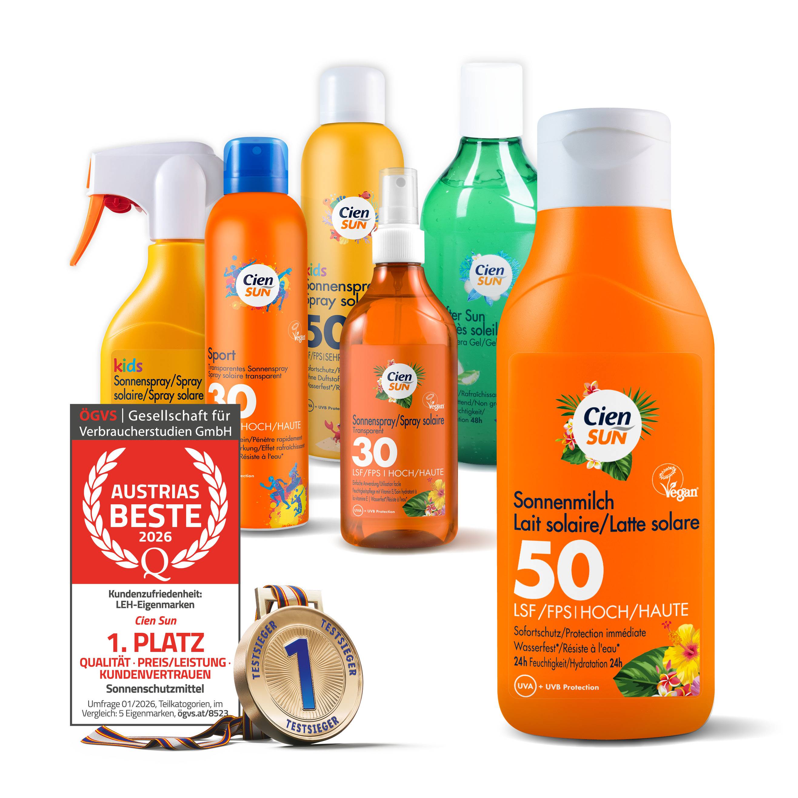 Verschiedene Sonnenschutzmittel, darunter Sprays und Lotionen, mit Auszeichnungen für Qualität und Kundenzufriedenheit.