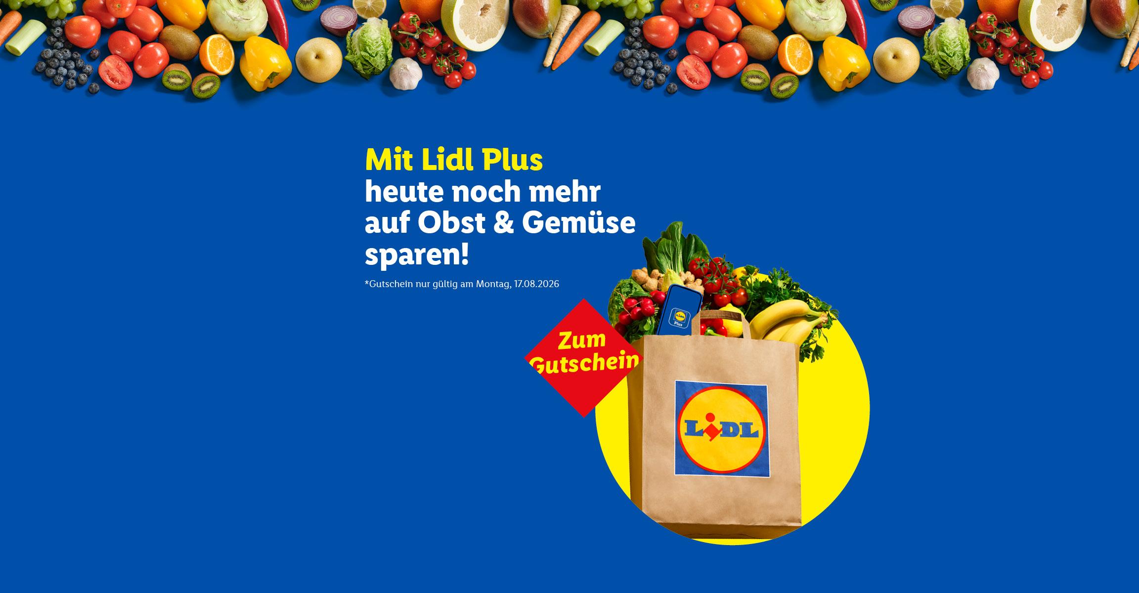 Banner mit frischem Obst und Gemüse, darunter Tomaten, Blaubeeren und Bananen, mit dem Text „Mit Lidl Plus heute noch mehr auf Obst & Gemüse sparen!“ und einem Gutschein.